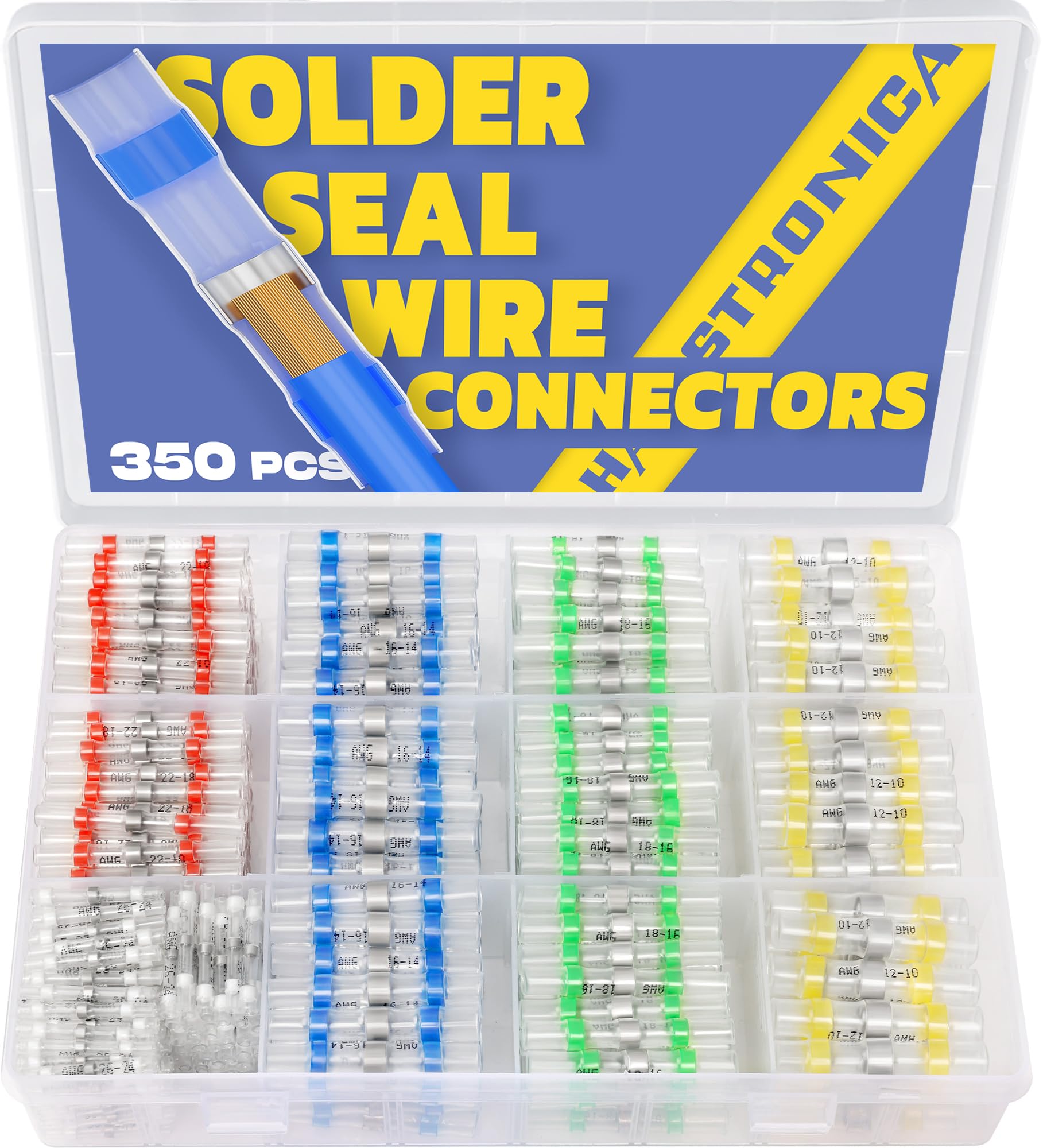 Haisstronica 350PCS Marine Grade Heat Shrink Wire Connectors Kit - Waterproof Butt Splice Electrical Connectors for 26-10 Gauge Wires (5 Colors & 5 Sizes) - Ideal for Automotive, Marine, and DIY Electrical Repairs