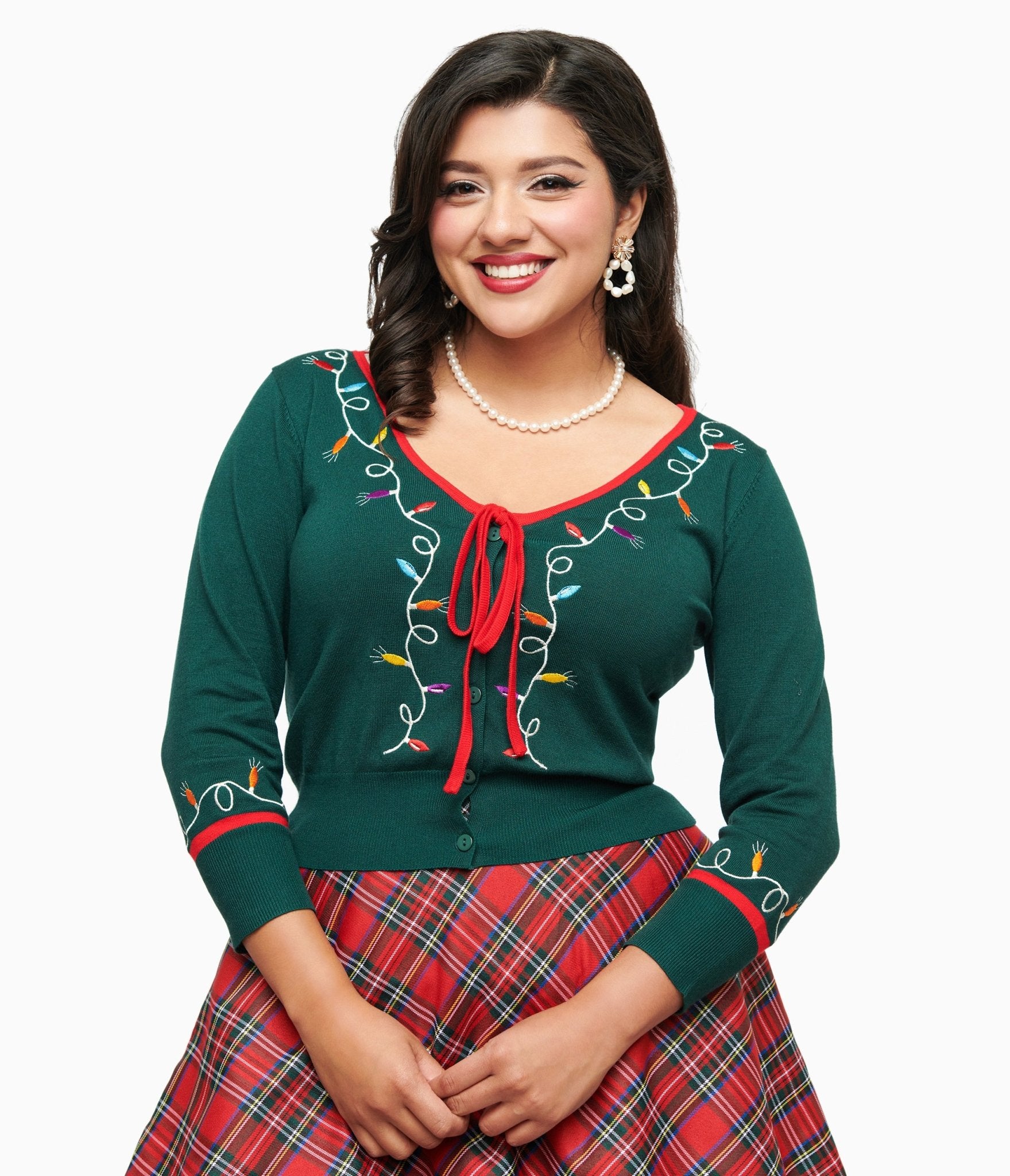 Vintage 1950s Green Christmas Holiday Lights Crop Cardigan Sweater - Retro Holiday Party Outfit, Christmas Photoshoot, Winter Festival Fashion