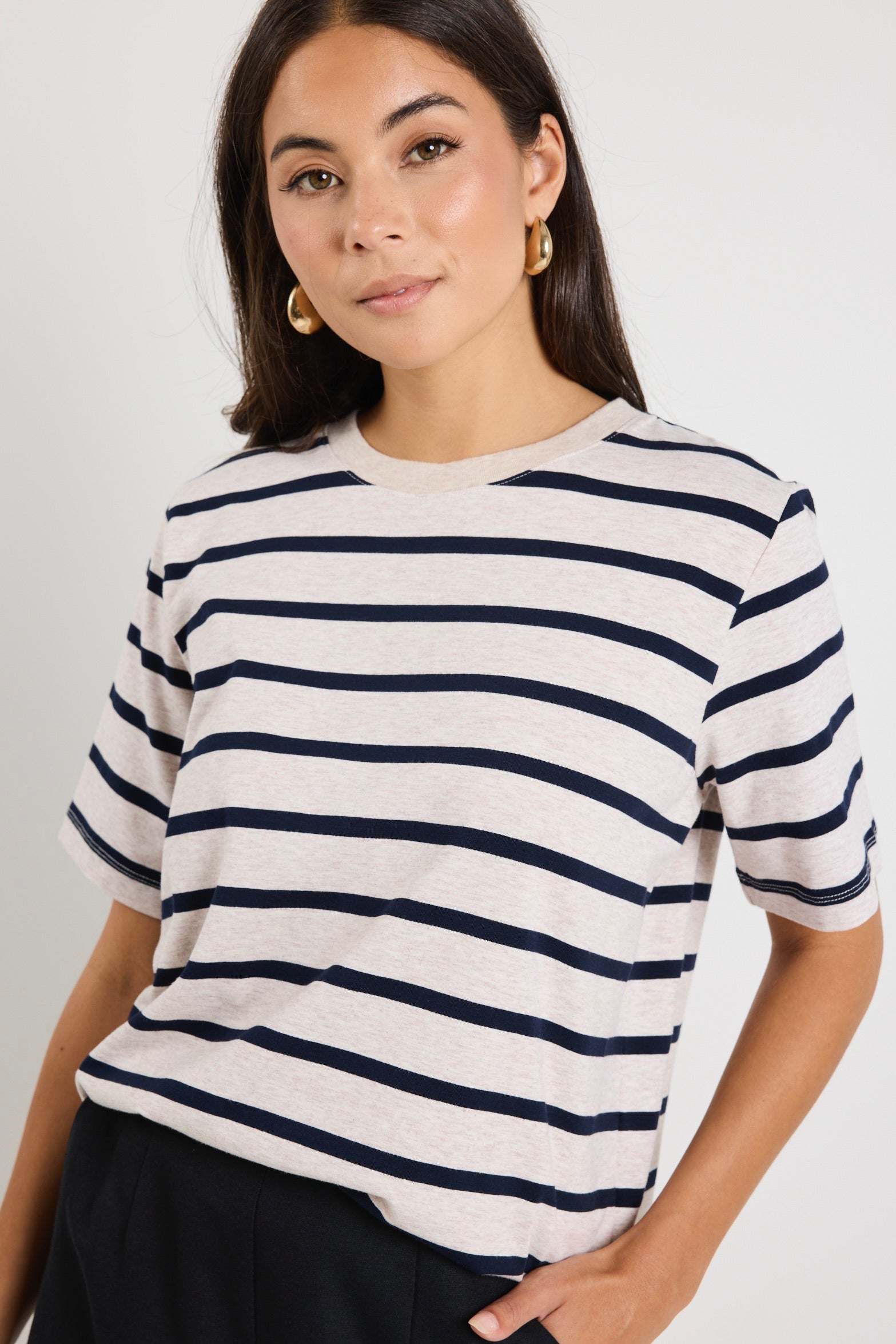 Stylish Ecru Navy Stripe Boxy Fit Tee - Casual Loose Fit Cotton T-Shirt for Women | Perfect for Everyday Wear, Weekend Outings & Layering