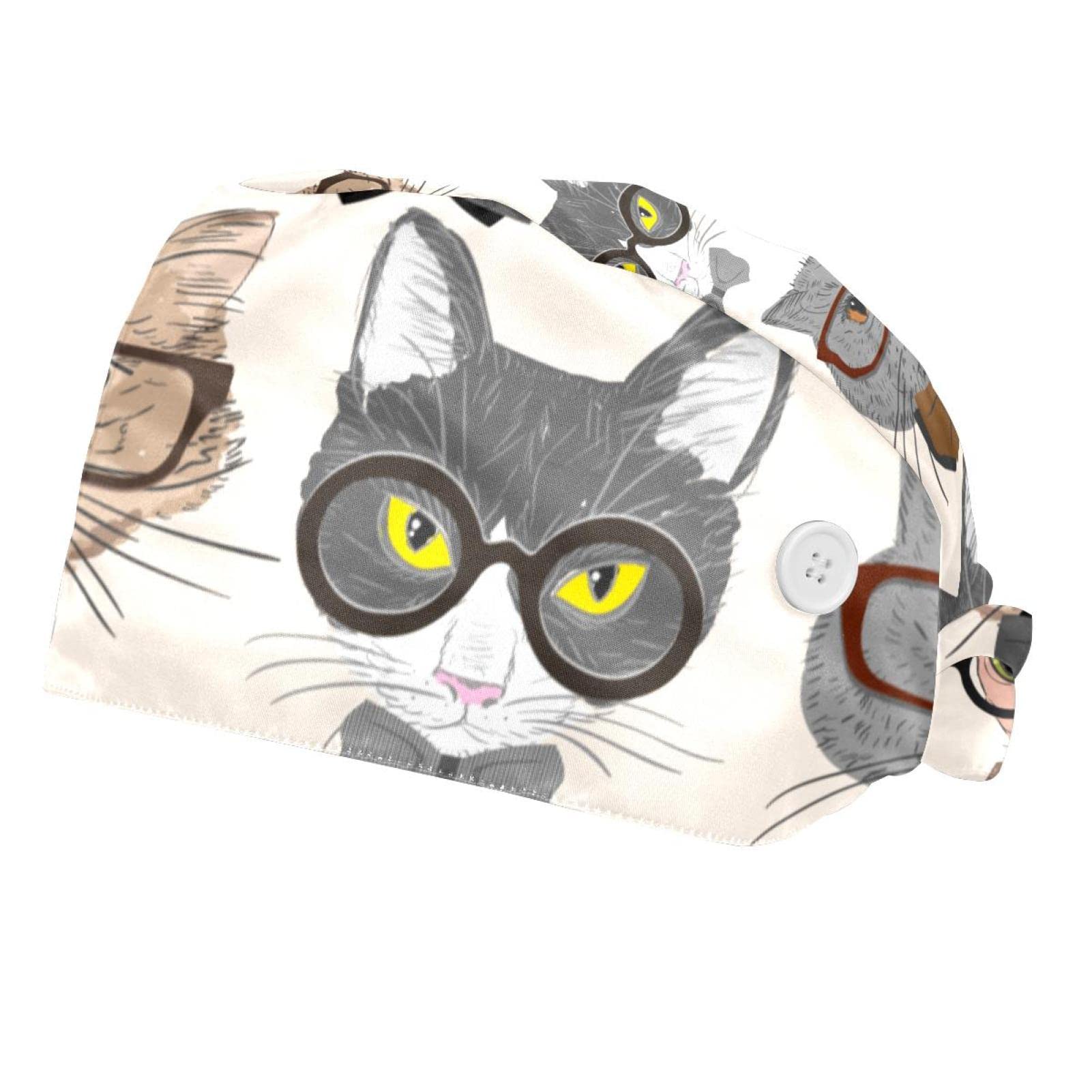 Women's Adjustable Elastic Surgical Scrub Caps 2 Pack - Cute Cartoon Cat Design, Button Closure for Comfort - Perfect for Nurses, Doctors, Medical Professionals & Healthcare Workers