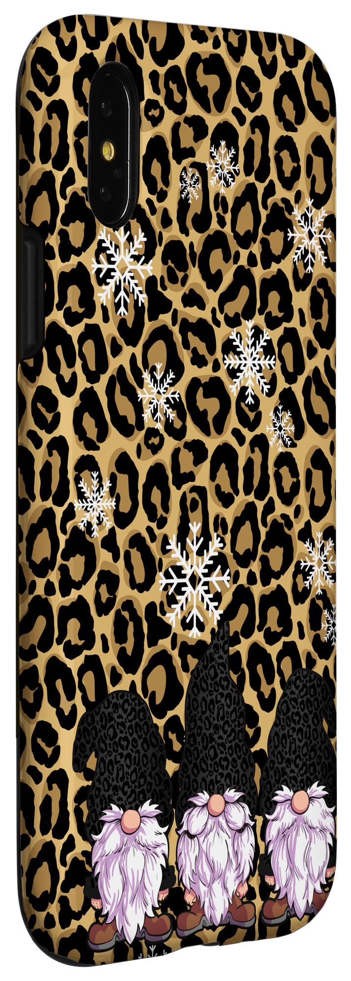 iPhone X/XS Christmas Phone Case - Leopard Skin Print with Three Gnomes Design | Cheetah Pattern Protective Cover for Holiday Gifts & Winter Travel Accessories