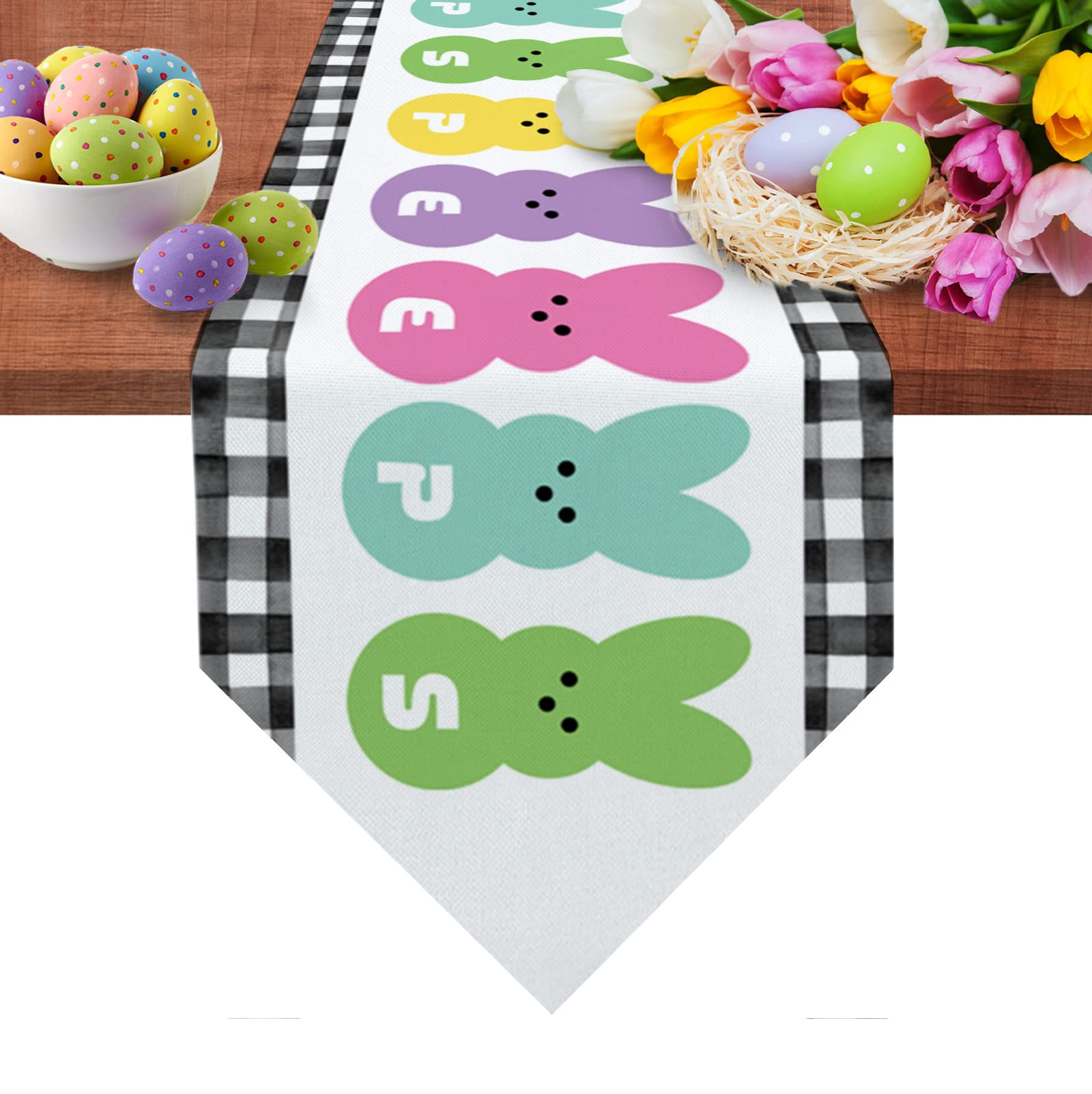 Easter Table Runner - 16x72 Inch Black Buffalo Plaid Decorative Table Scarf for Spring Dinner, Kitchen & Dining Room Decor | Bunny & Peeps Design | Perfect for Easter Party, Holiday Gatherings & Home Decor