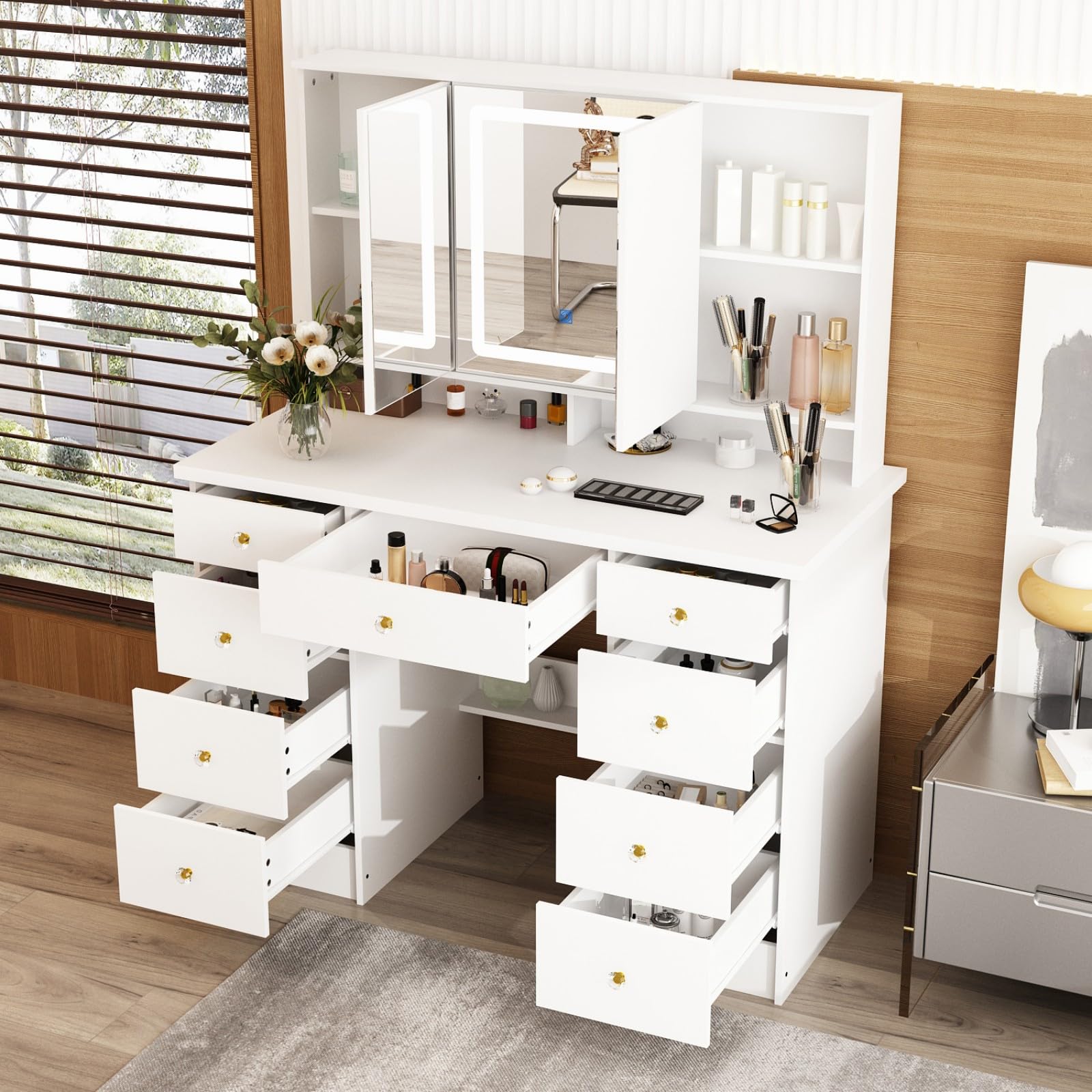 MOUMON White Makeup Vanity Desk with LED Lights & Crystal Handles - 43.3