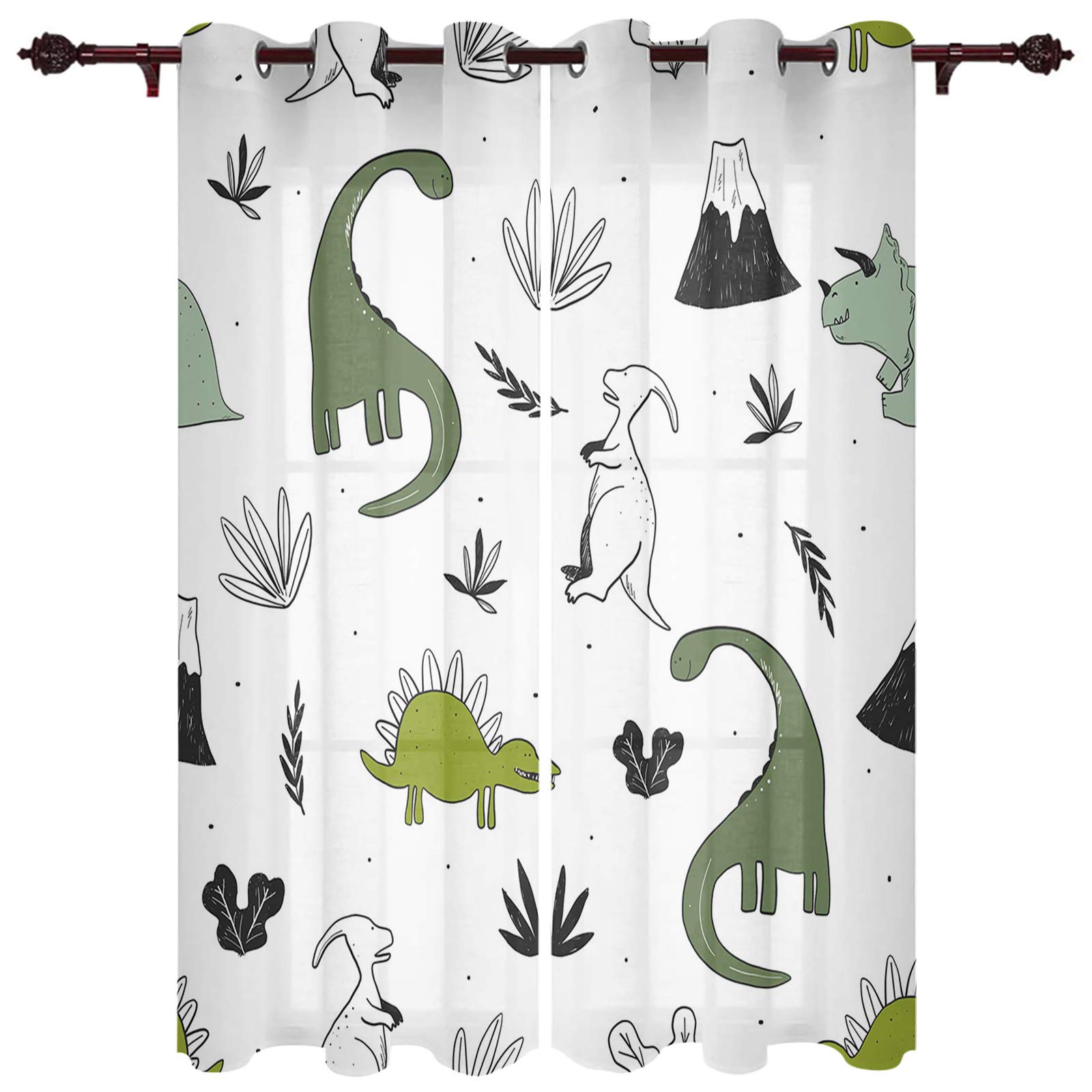 Green White Cartoon Dinosaur Curtains - 2 Panel Grommet Top Window Drapes for Kitchen, Bedroom, Living Room, Nursery, and Kids' Room Decor
