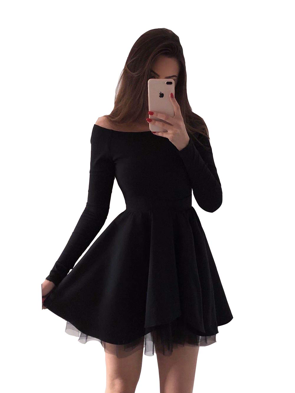 Emanni Women's Elegant Off-The-Shoulder Long Sleeve Prom Dress for Homecoming, Graduation & Special Occasions - Black Formal Gown for Evening Parties & Dances