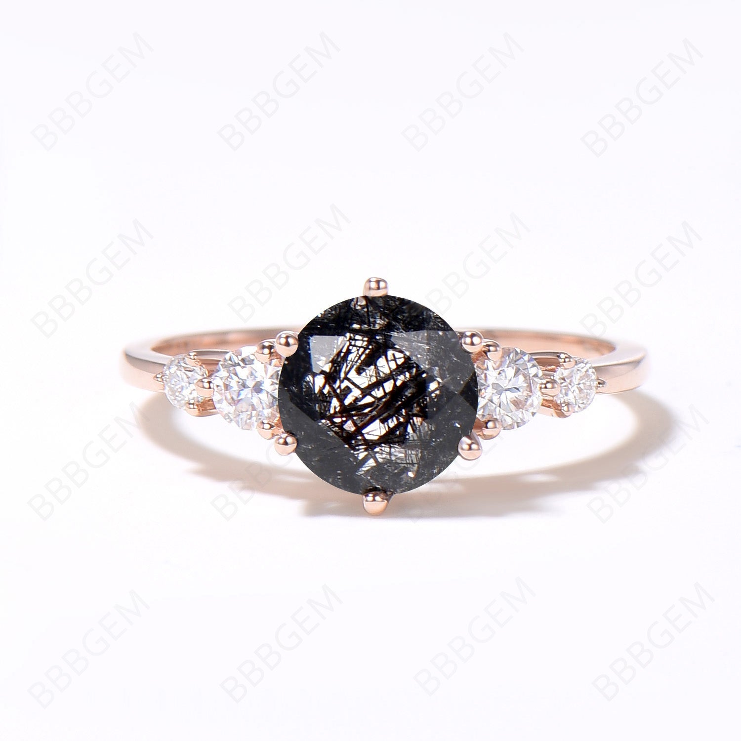 Vintage 5-Stone Round Cut Natural Black Rutilated Quartz & Moissanite Engagement Ring Set in 14k Rose Gold with Black Diamonds – Perfect for Bridal, Wedding, and Anniversary Gifts