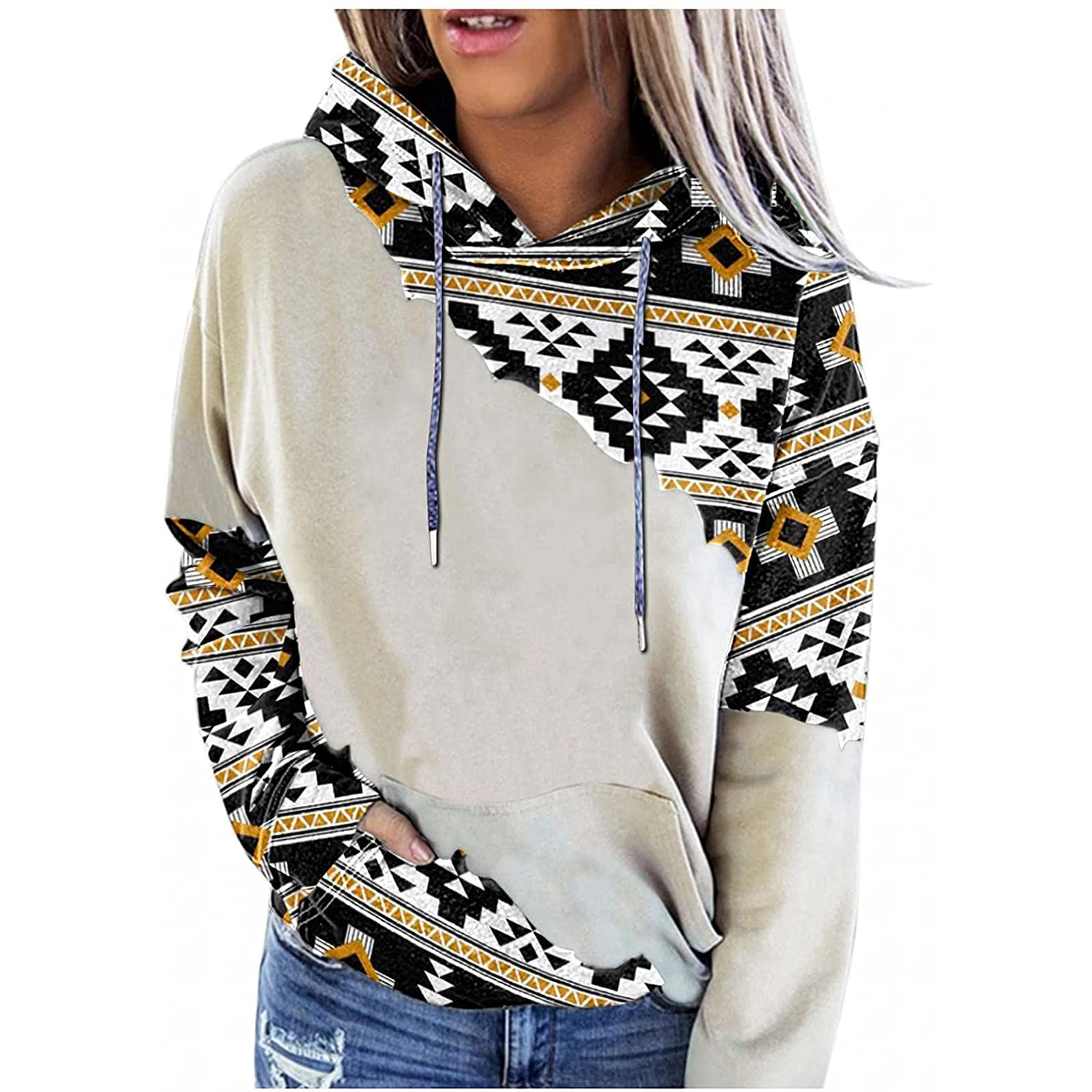 GBSELL Women's Loose Fit Geometric Print Hooded Sweatshirt - Stylish Stitched Panel Blouse for Casual Wear, Street Fashion & Outdoor Activities