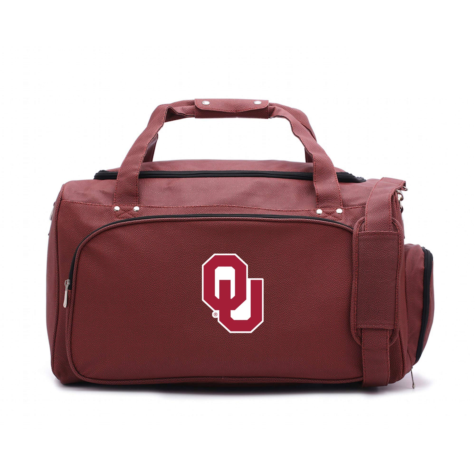 Oklahoma Sooners Football Leather Travel Duffel Bag - Genuine Football Material Gym Bag with Shoulder Strap, Handles & Shoe Compartment - Perfect for Sports, Travel & Gym - Brown