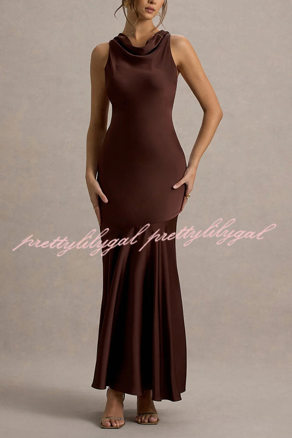 Elegant Satin Cowl Neck Maxi Dress with Back Tie Detail - Perfect for Evening Parties, Weddings & Special Occasions