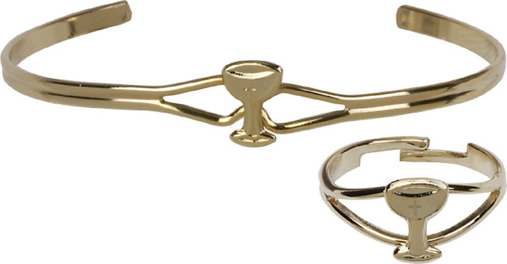 Bonyak Gold Plated Chalice Communion Jewelry Set - Cross Bracelet & Ring for Christian Religious Ceremonies, Baptism, First Communion Gifts