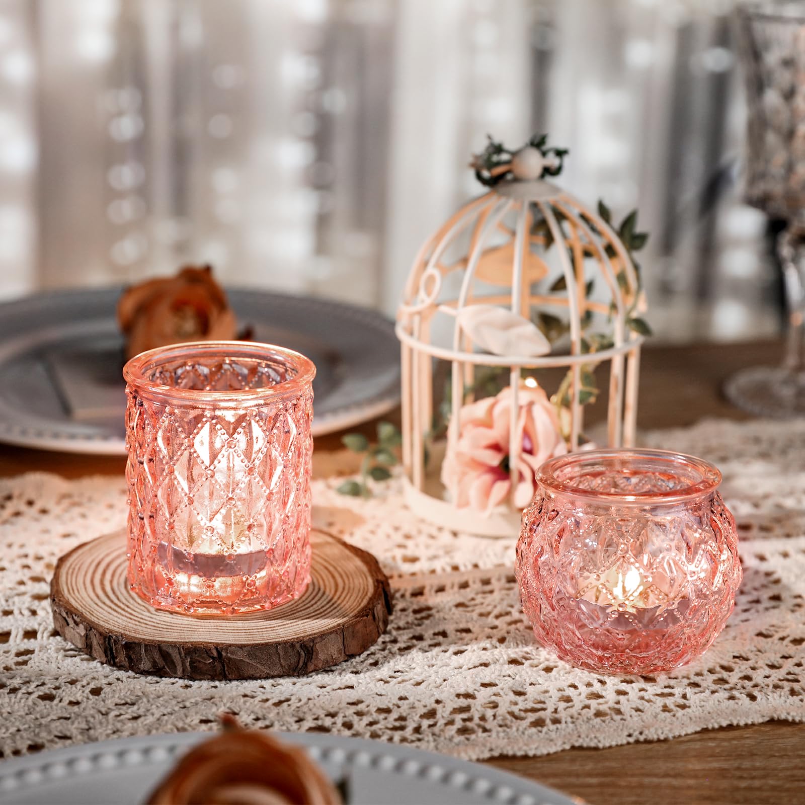 24-Pack Pink Glass Votive Candle Holders - Round Flameless LED Tea Light Holders for Weddings, Parties, Home Decor - Perfect for Romantic Centerpieces, Table Settings & Holiday Decorations