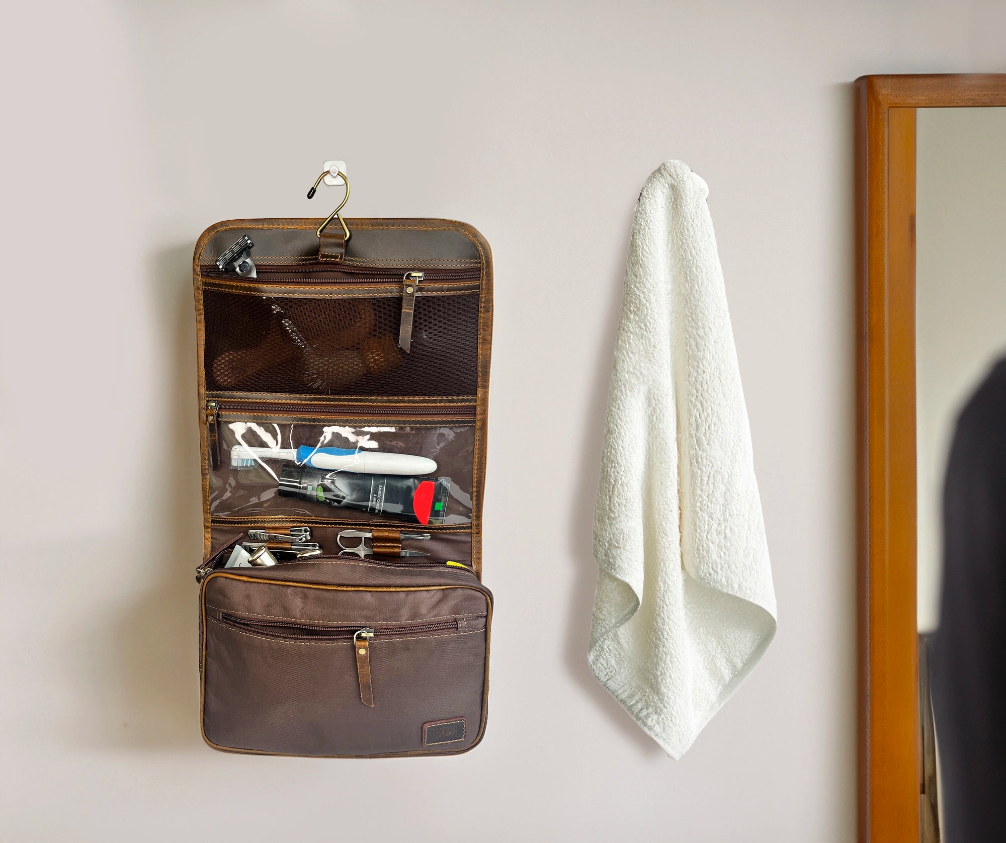 Premium Leather Hanging Toiletry Bag for Travel - Waterproof Cosmetic Organizer with Multiple Pockets for Men & Women - Perfect for Vacation, Gym, and Business Trips