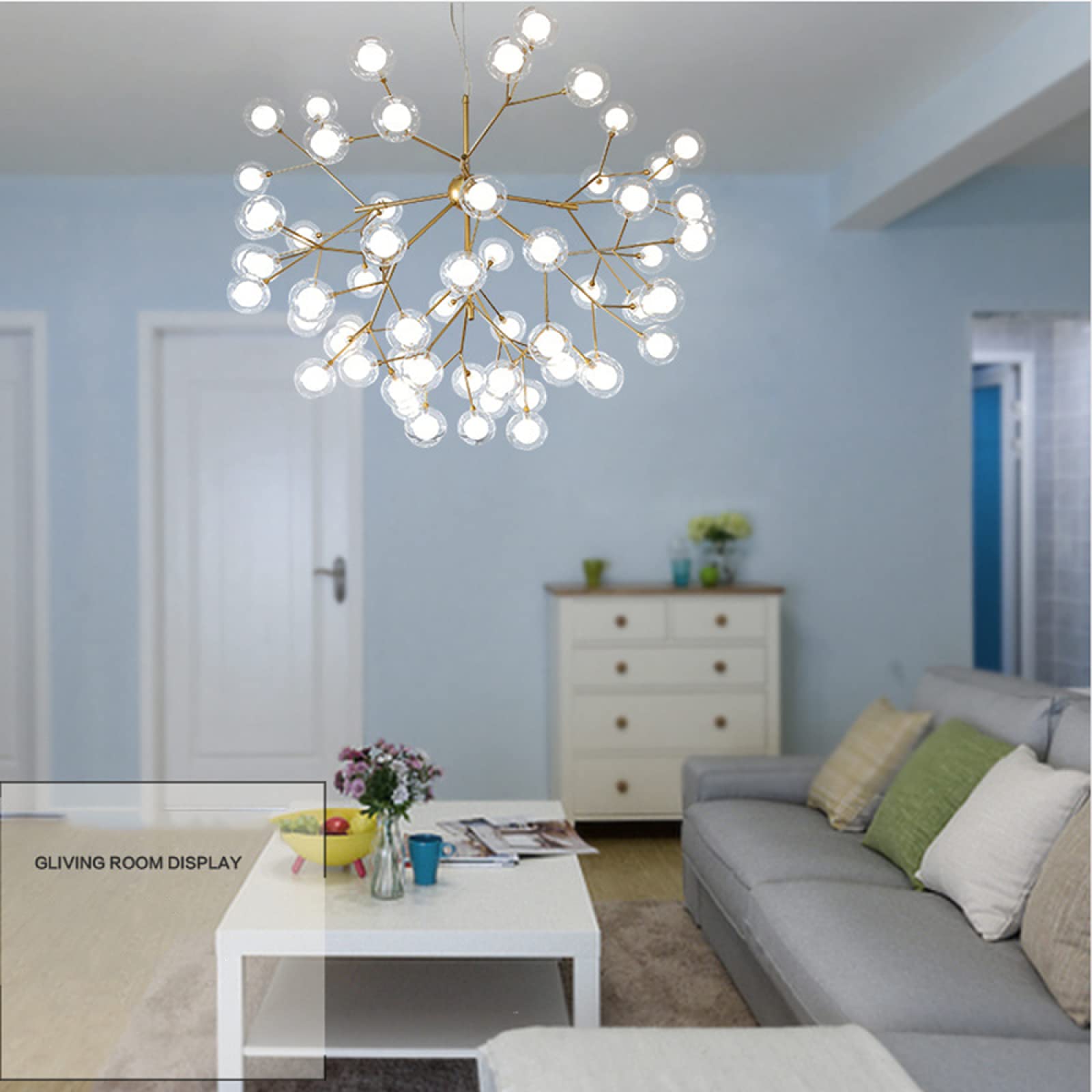 63-Lights LED Glass Ball Chandelier - Modern Firefly Pendant Light with Gold Finish & Stepless Dimming - Creative Sputnik Hanging Lamp for Living Room, Bedroom, Restaurant, Cafe, Bar & Wedding Decor