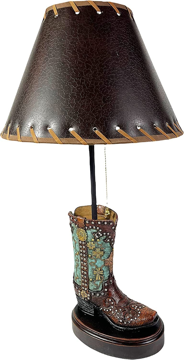 Western Cowboy Teal Studded Boot Table Lamp - Roper End Table Standing Lamp for Bedroom, Living Room & Office - Nightstand Lighting Decor with Unique Boot Design