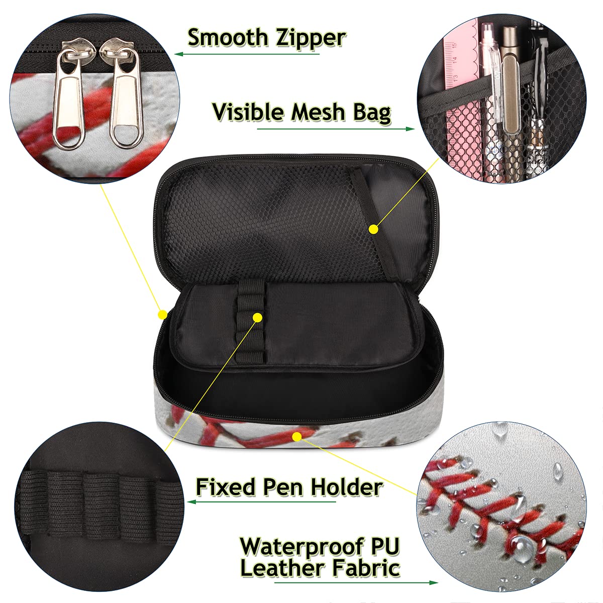 Baseball Print Large Pencil Case with Zipper - School & Office Supplies for Students