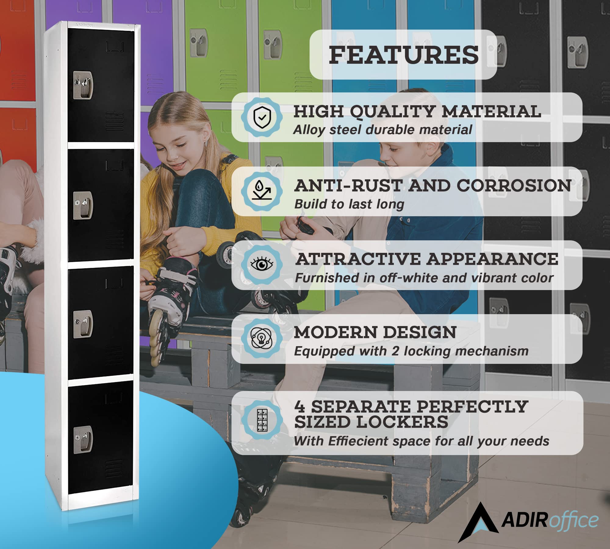 AdirOffice 4-Door Large School Locker with Hooks - Heavy Duty Garage & Office Storage Cabinet for Sports Equipment, Backpacks & Supplies (Black, 4-Door) - Perfect for Schools, Gyms & Home Organization