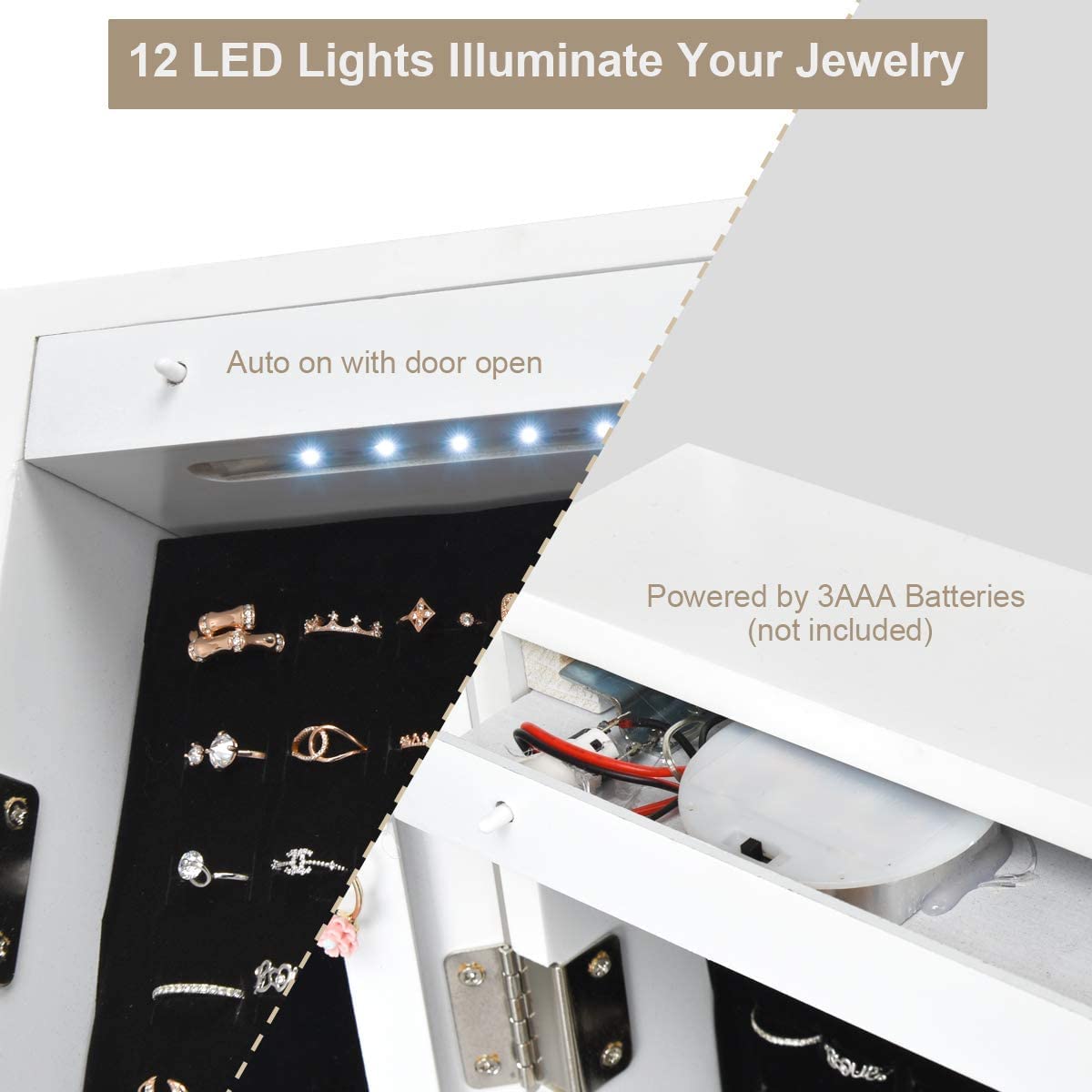 Byroce Jewelry Armoire Cabinet with Full Length Mirror - Lockable Over The Door Jewelry Organizer with 12 LED Lights for Women & Girls - Perfect for Bedroom, Closet or Dressing Room Organization