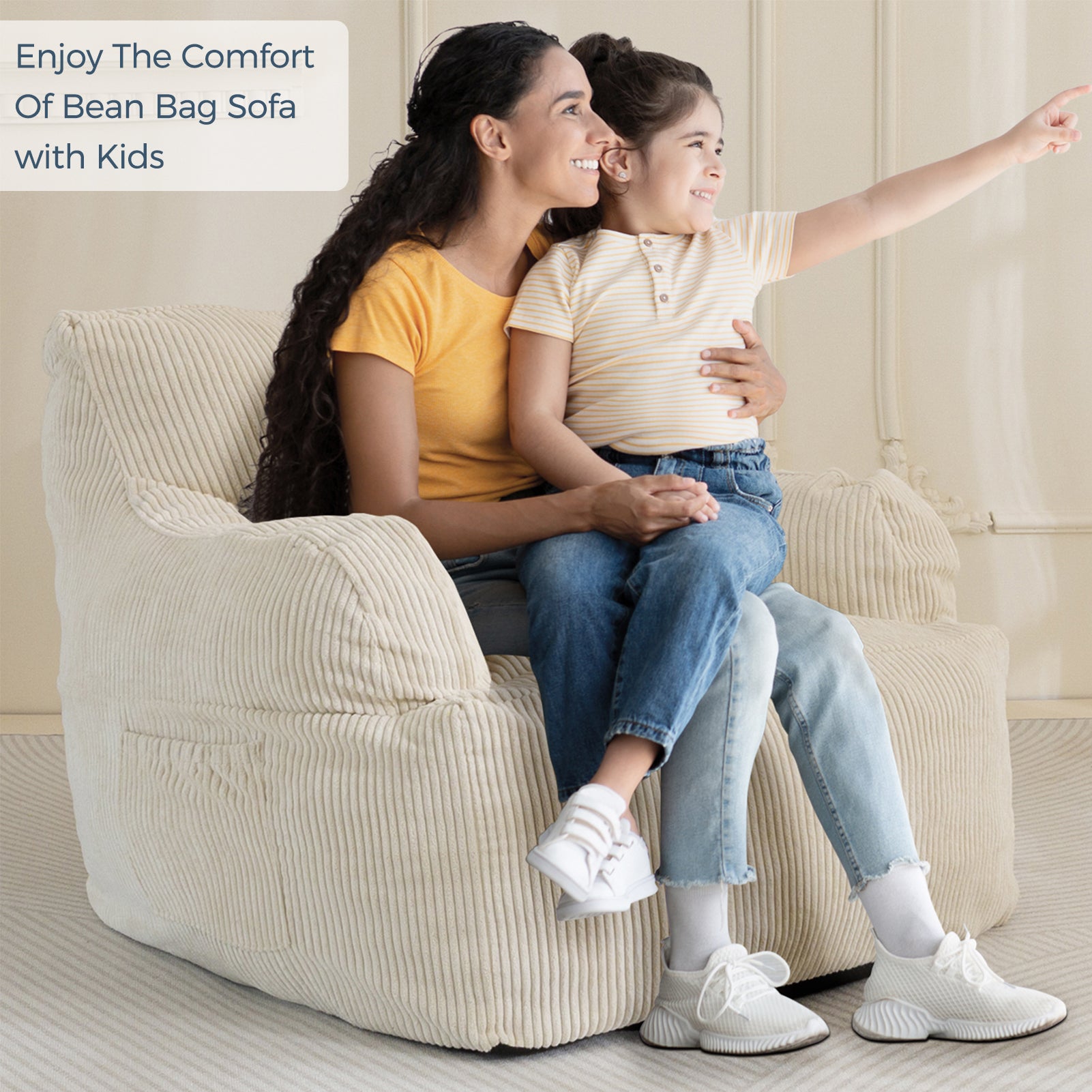 MAXYOYO Oversized Bean Bag Chair - Extra Large Stuffed Bean Bag Sofa for Living Room, Bedroom & Game Room - Soft & Comfortable Beige Lounger for Relaxing, Reading & Gaming