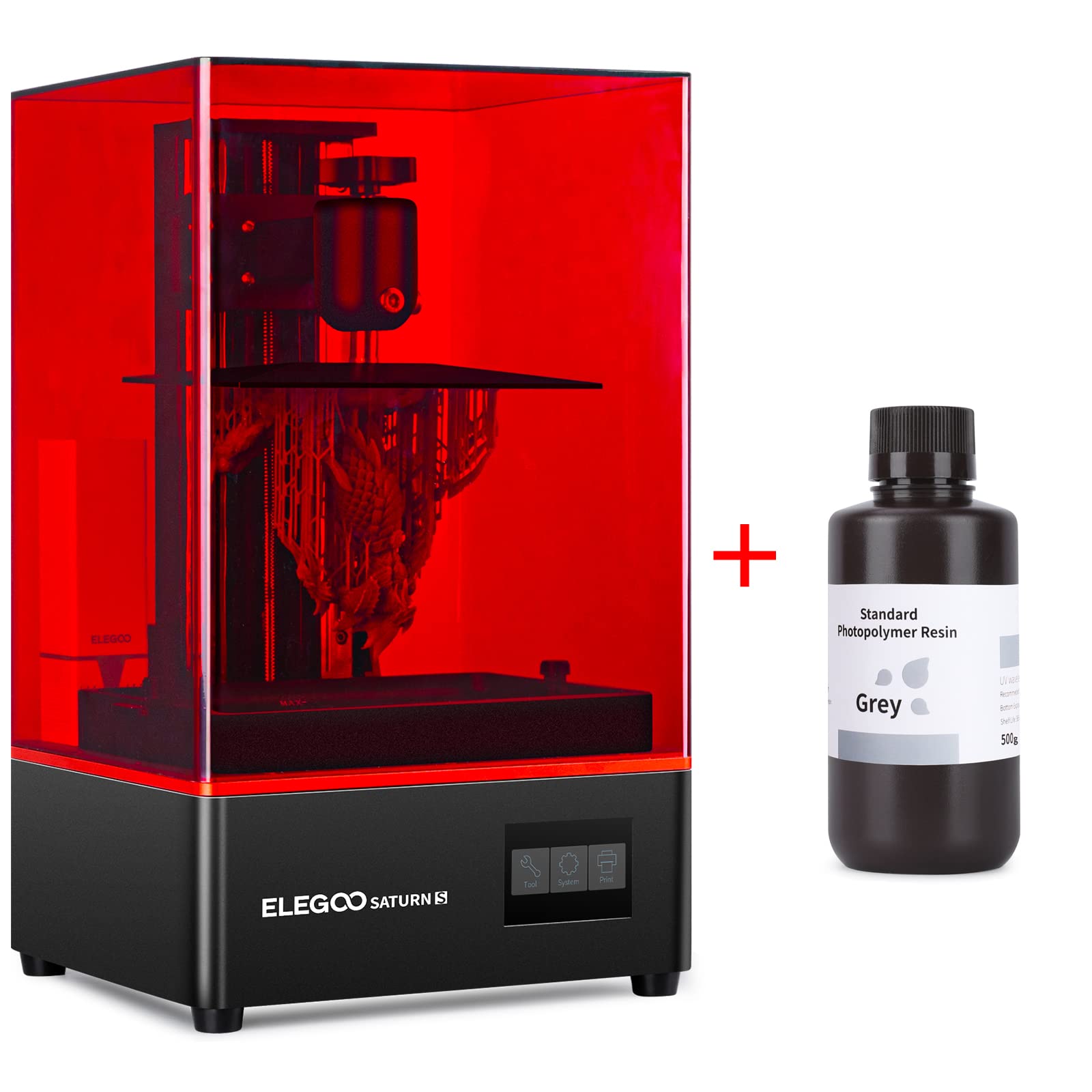 ELEGOO Saturn S Mono MSLA 3D Printer with 500g Standard Grey Resin - High Precision LCD 3D Printing for Miniatures, Jewelry & Prototyping