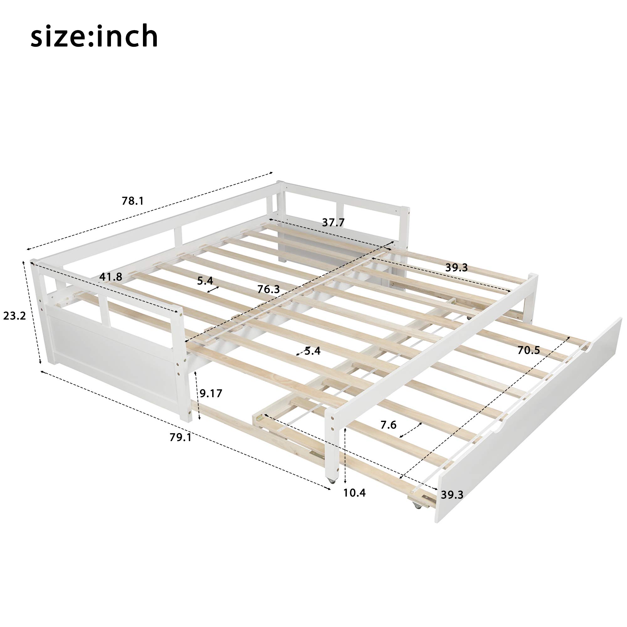 Convertible Daybed with Trundle - Twin to King Size Wooden Sofa Bed | Extendable Guest Bed for Small Spaces | Perfect for Living Room, Bedroom & Home Office (White)