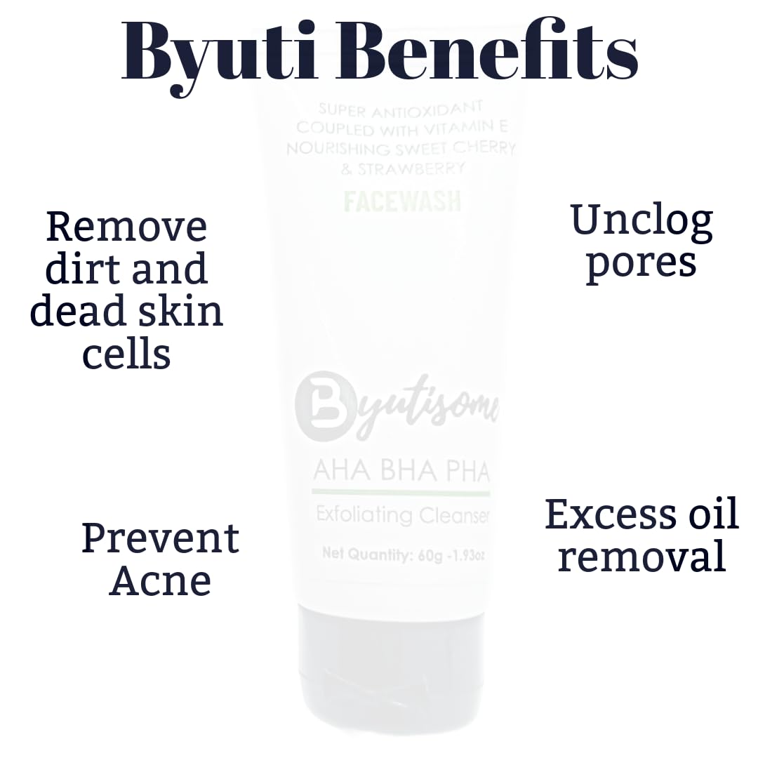 Byutisome AHA BHA PHA Exfoliating Face Wash with Vitamin E, Strawberry & Sweet Cherry - Gentle Daily Cleanser for Acne-Prone & Sensitive Skin - Perfect for Morning & Night Skincare Routine