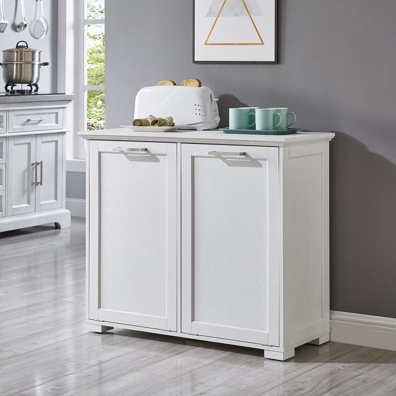 OLD CAPTAIN Double Tilt Out Trash Cabinet - White Wooden Kitchen Garbage Can with Free Standing Holder | Space-Saving Waste Bin for Pantry, Bathroom & Laundry Room Organization