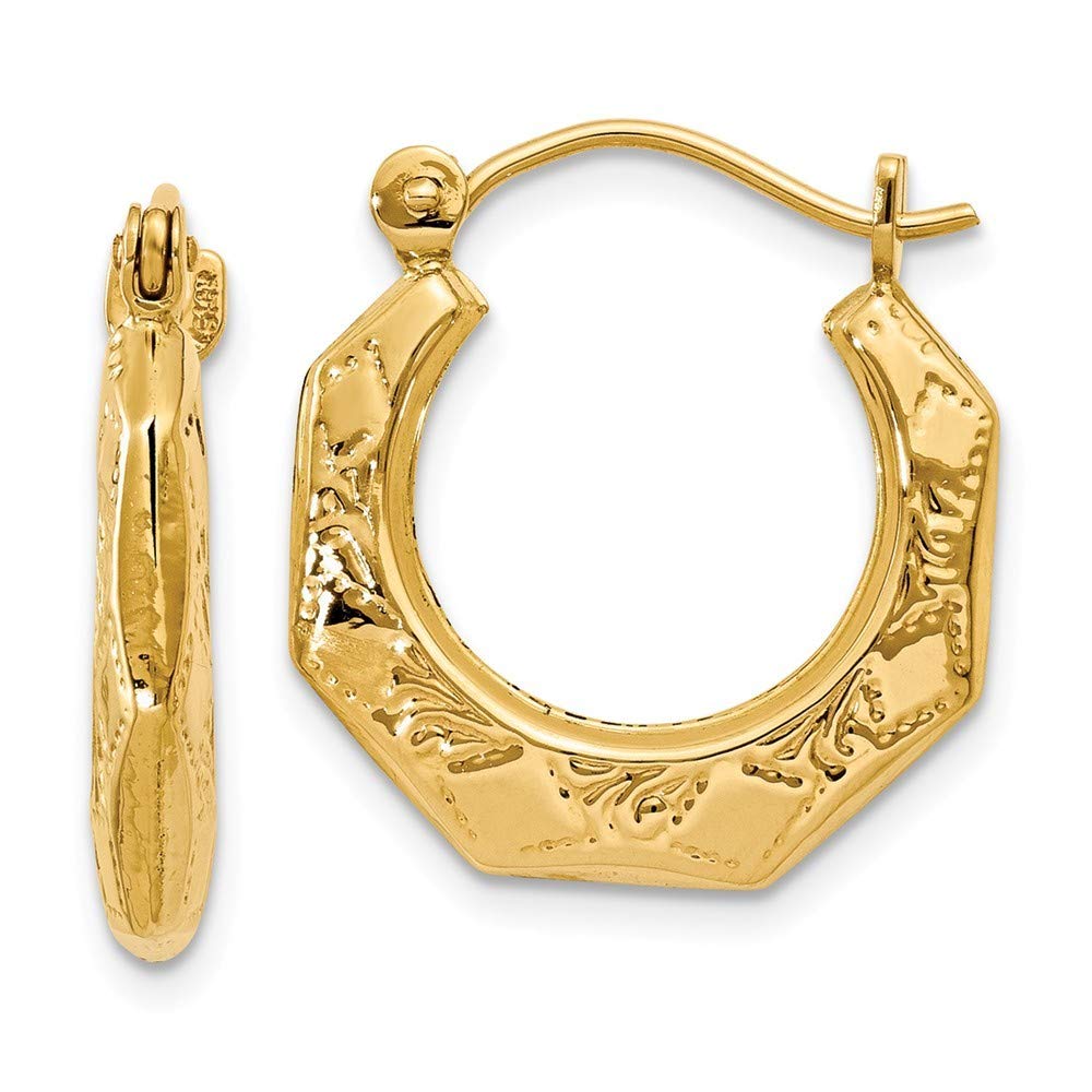 14K Yellow Gold Polished Patterned Hoop Earrings for Women - 11mm Elegant Dainty Everyday Jewelry Gift for Her - Perfect for Work, Date Night & Special Occasions