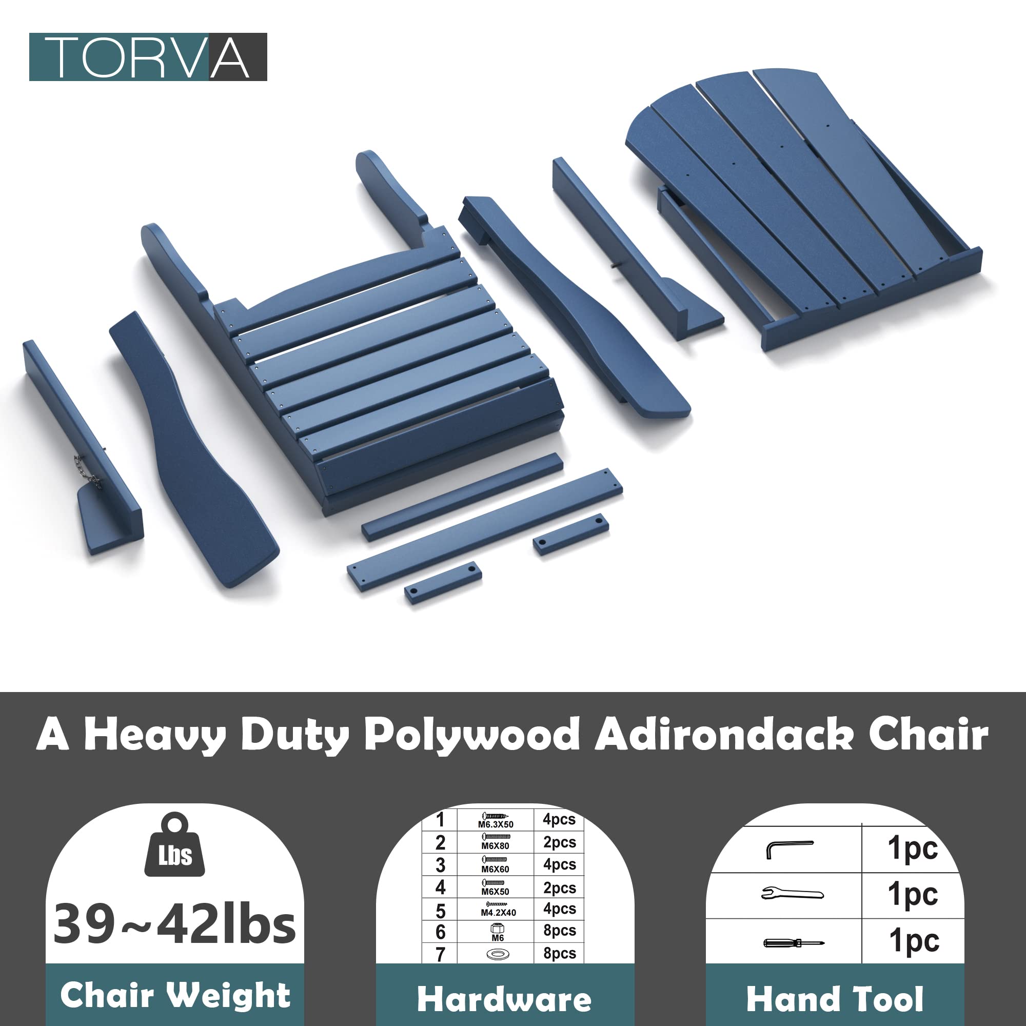 TORVA Folding Adirondack Chair - All-Weather HDPE Resin Outdoor Patio Chair for Backyard, Garden, Beach & Deck - Fire Pit & BBQ Seating - Navy Blue (Perfect for Camping, Picnics & Relaxing Outdoors)