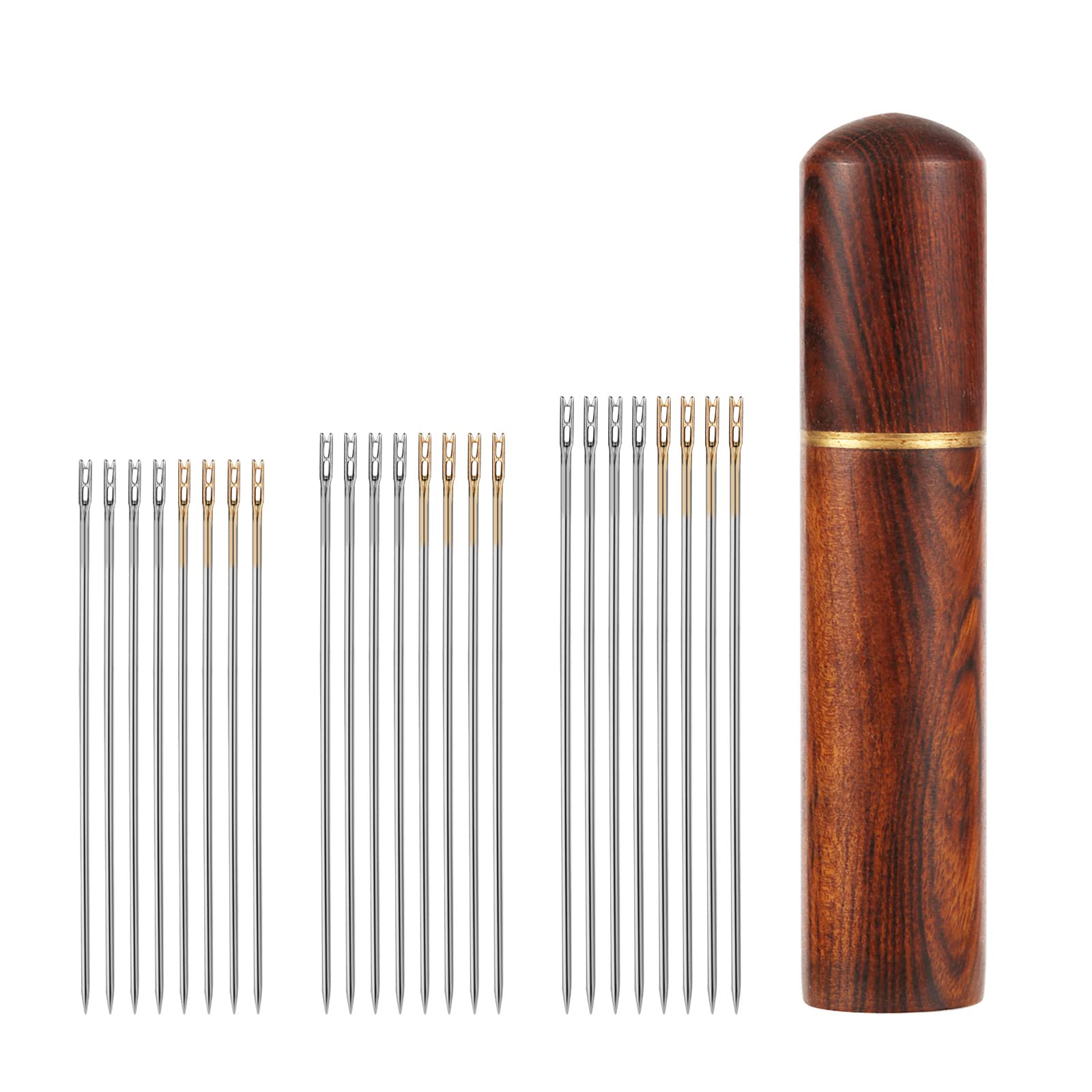 25pcs Self Threading Needles - Stainless Steel Hand Sewing Needles with Wooden Case (3 Sizes) - Perfect for Crochet, Embroidery, Quilting & Needle Storage - Great for DIY Crafts, Sewing Projects & Home Organization