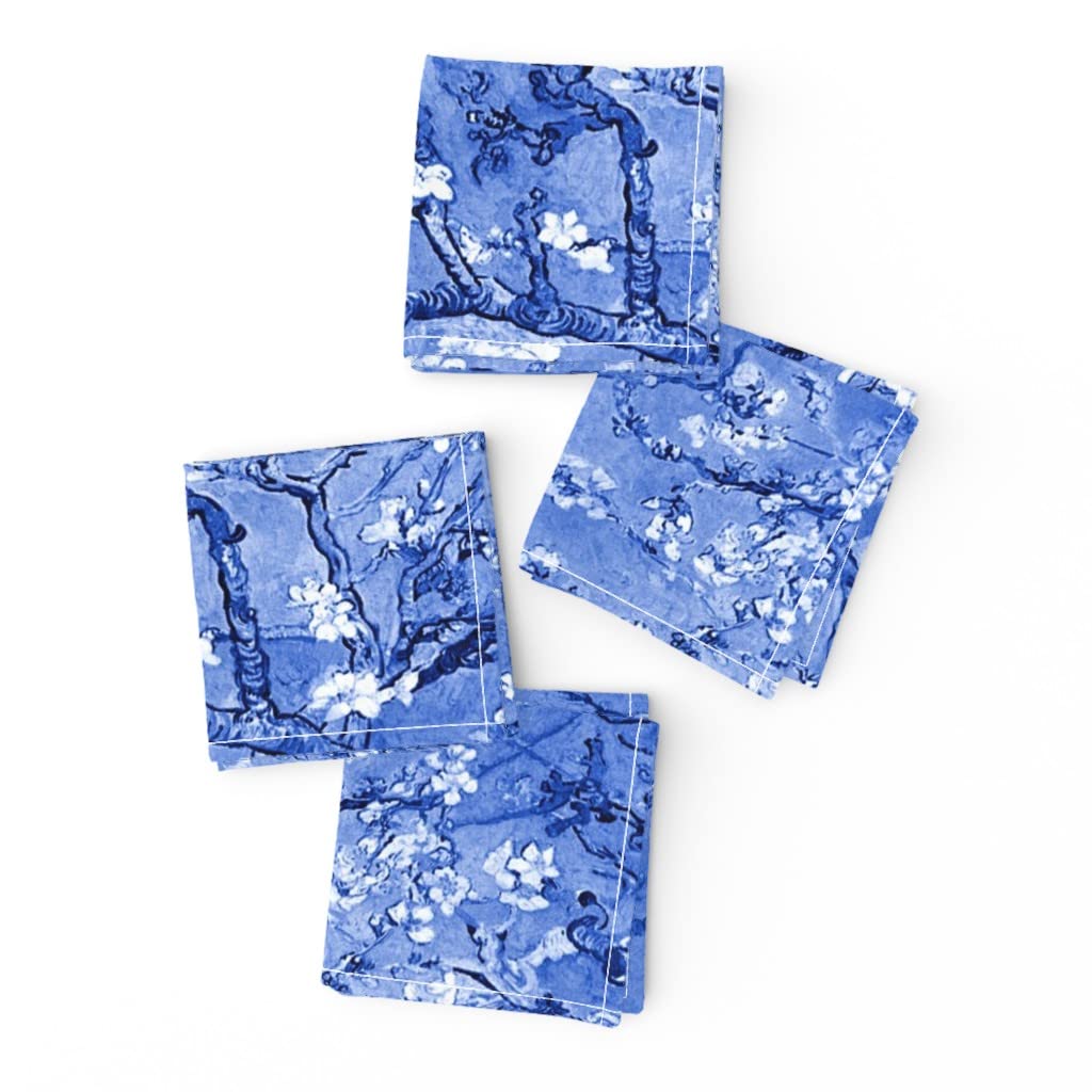 Premium Linen Cotton Canvas Cocktail Napkins Set of 4 - Almond Tree Blossom & Cobalt Midnight Nature Print | Elegant Van Gogh Inspired Floral Design | Perfect for Dinner Parties, Weddings & Home Decor
