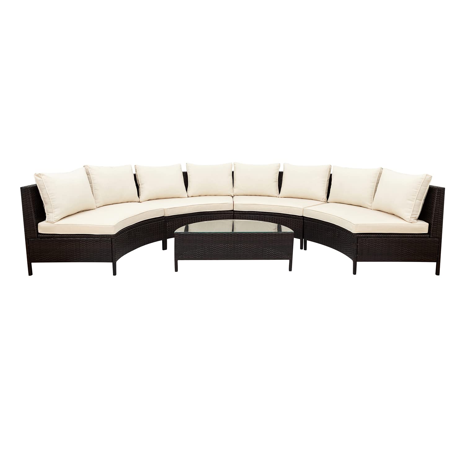 5-Piece Outdoor Rattan Patio Furniture Set - Half Moon Sofa Table Set with Beige Cushions - All-Weather Brown Wicker Couch & Dining Chairs - Perfect for Poolside, Balcony, Garden or Backyard Relaxation