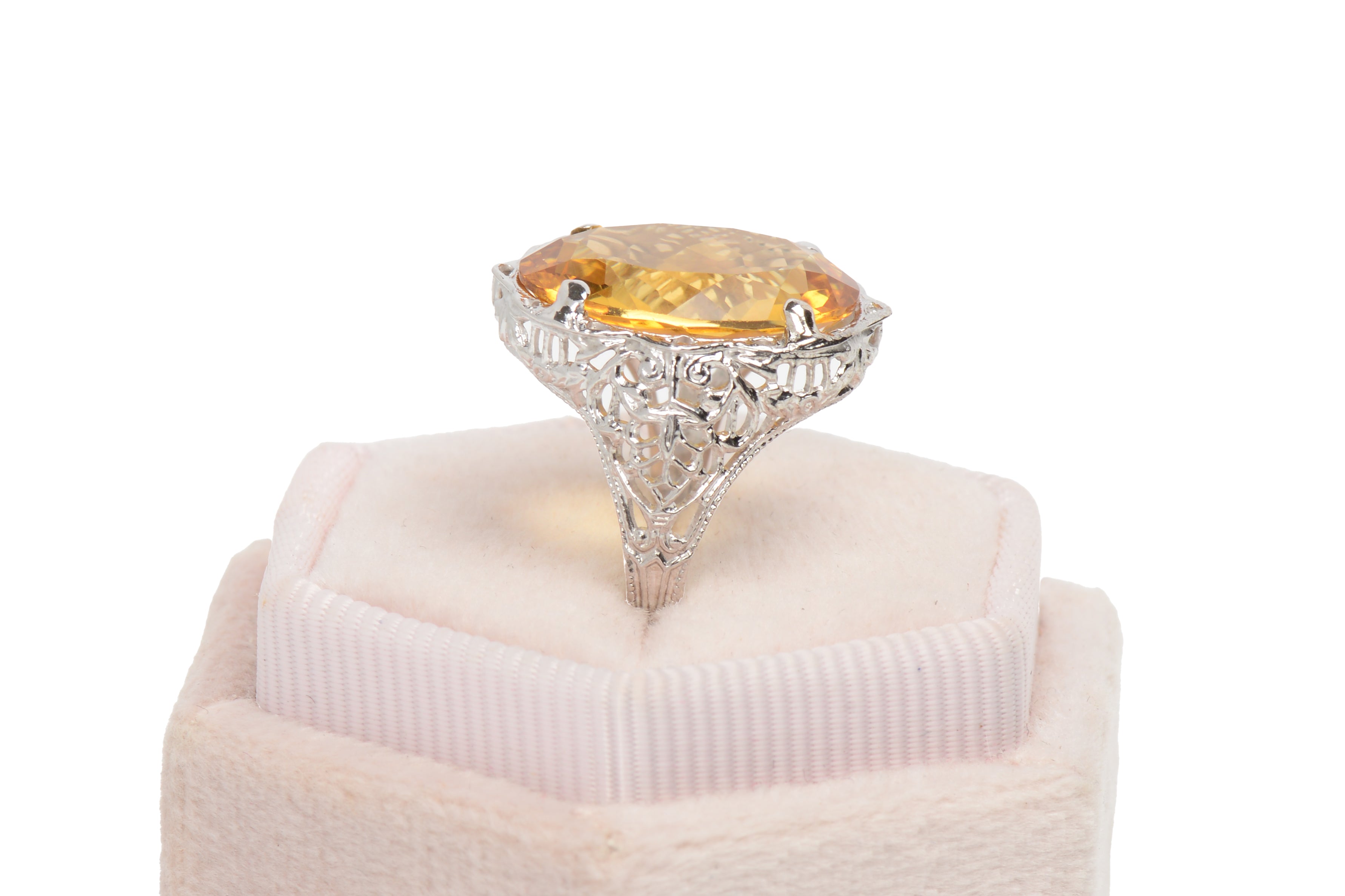 Exquisite Daylight Citrine & White Gold Filigree Ring for Women - Elegant Vintage Jewelry Gift for Birthday, Anniversary & Special Occasions