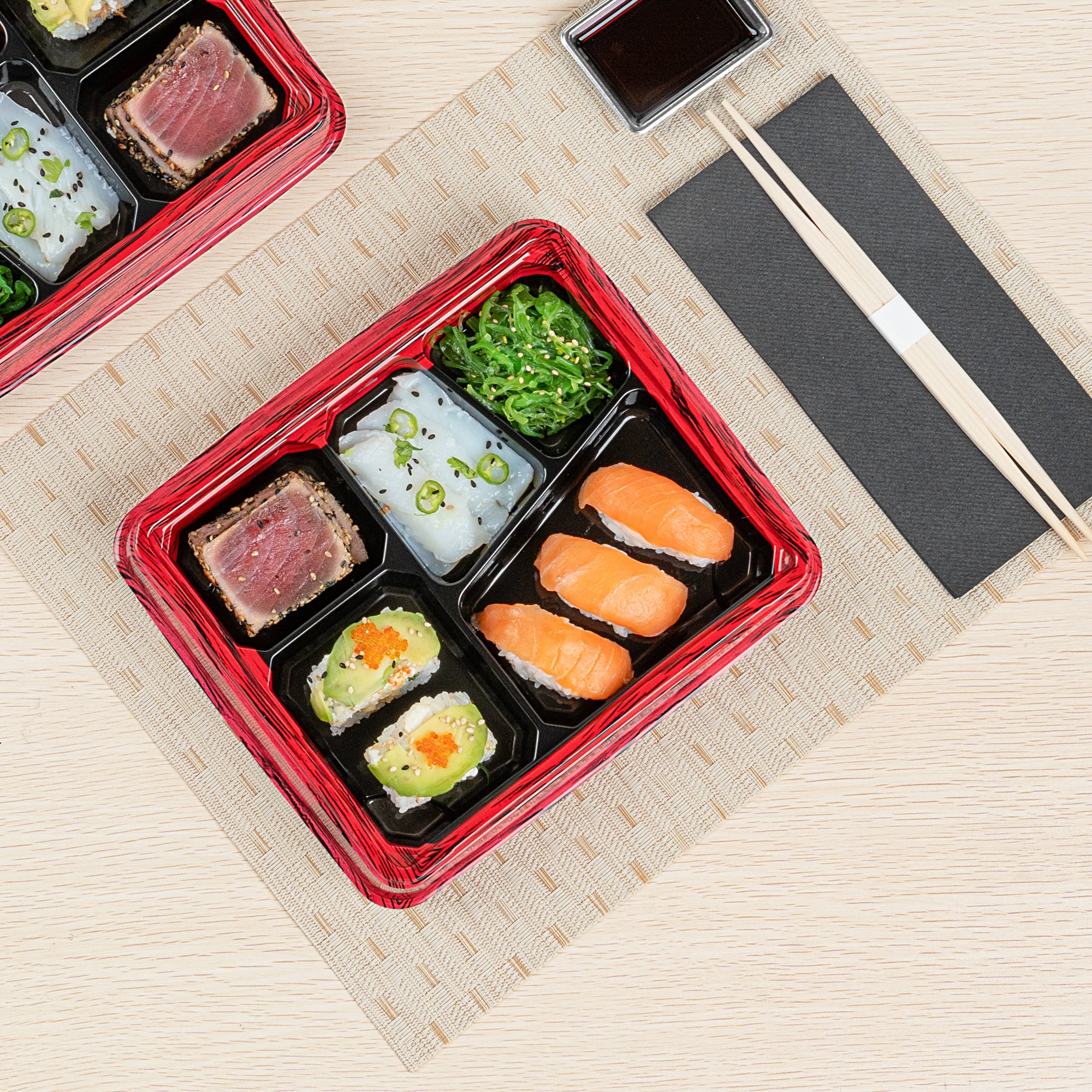Bento Tek 18 oz Rectangle Red and Black Plastic Bento Box with 5 Compartments | 9.25