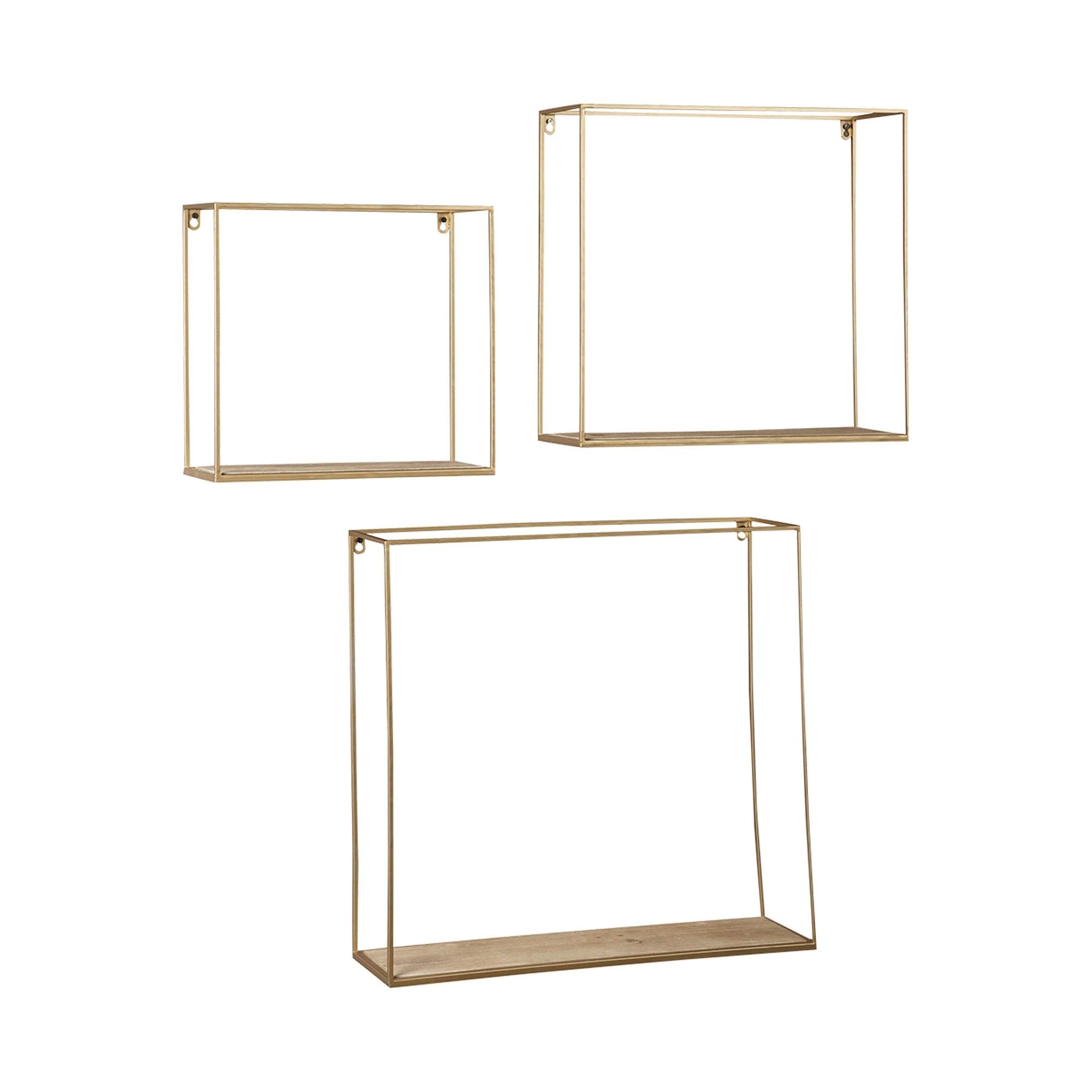 3-Pack Gold Metal Frame Wall Shelves with Keyhole Hangers - Modern Contemporary Wooden Floating Shelves for Living Room, Bedroom, Bathroom & Office Decor