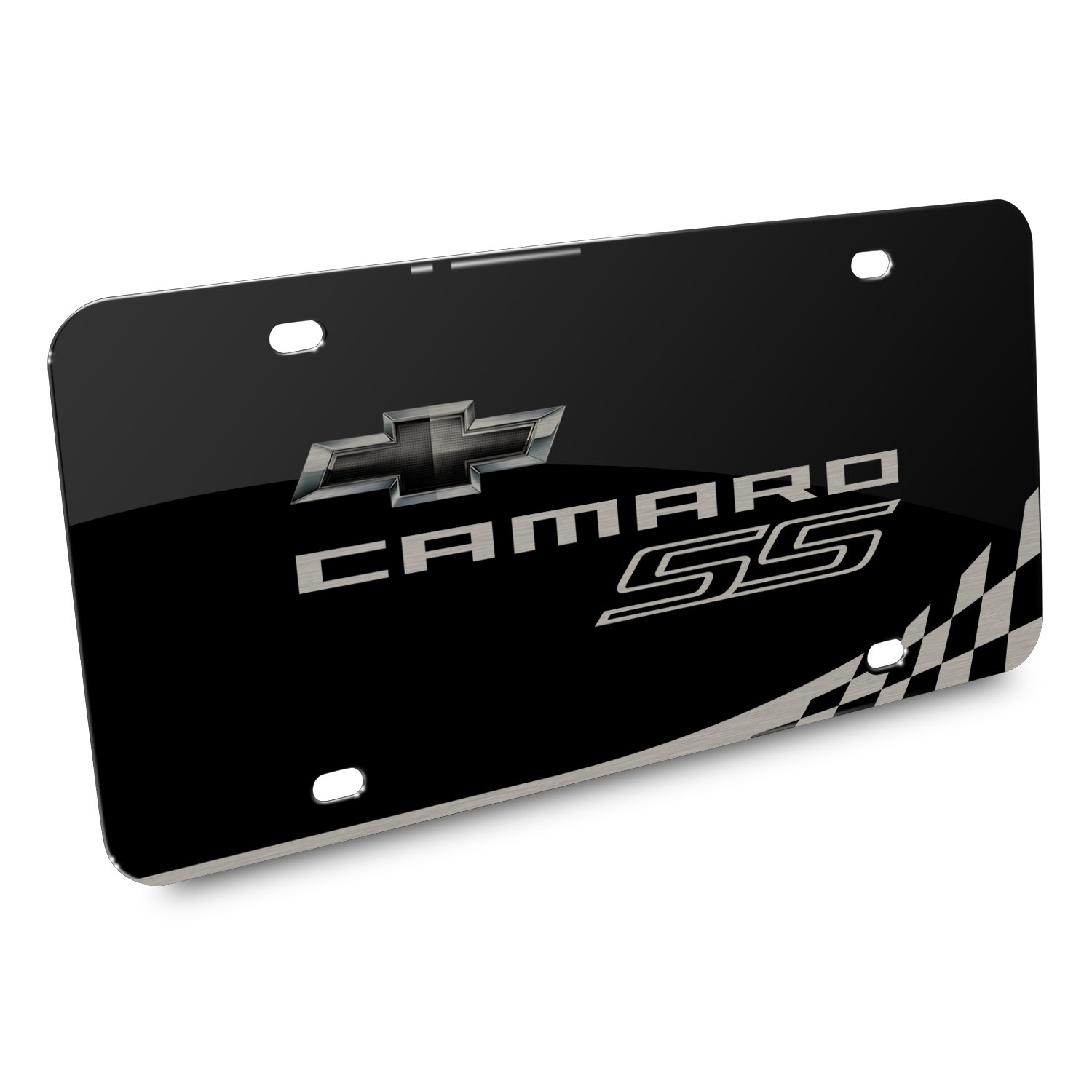 Chevrolet Camaro RS Laser-Cut Black Acrylic License Plate Frame with Checker Stripe Design - Perfect for Car Shows & Custom Vehicle Decoration