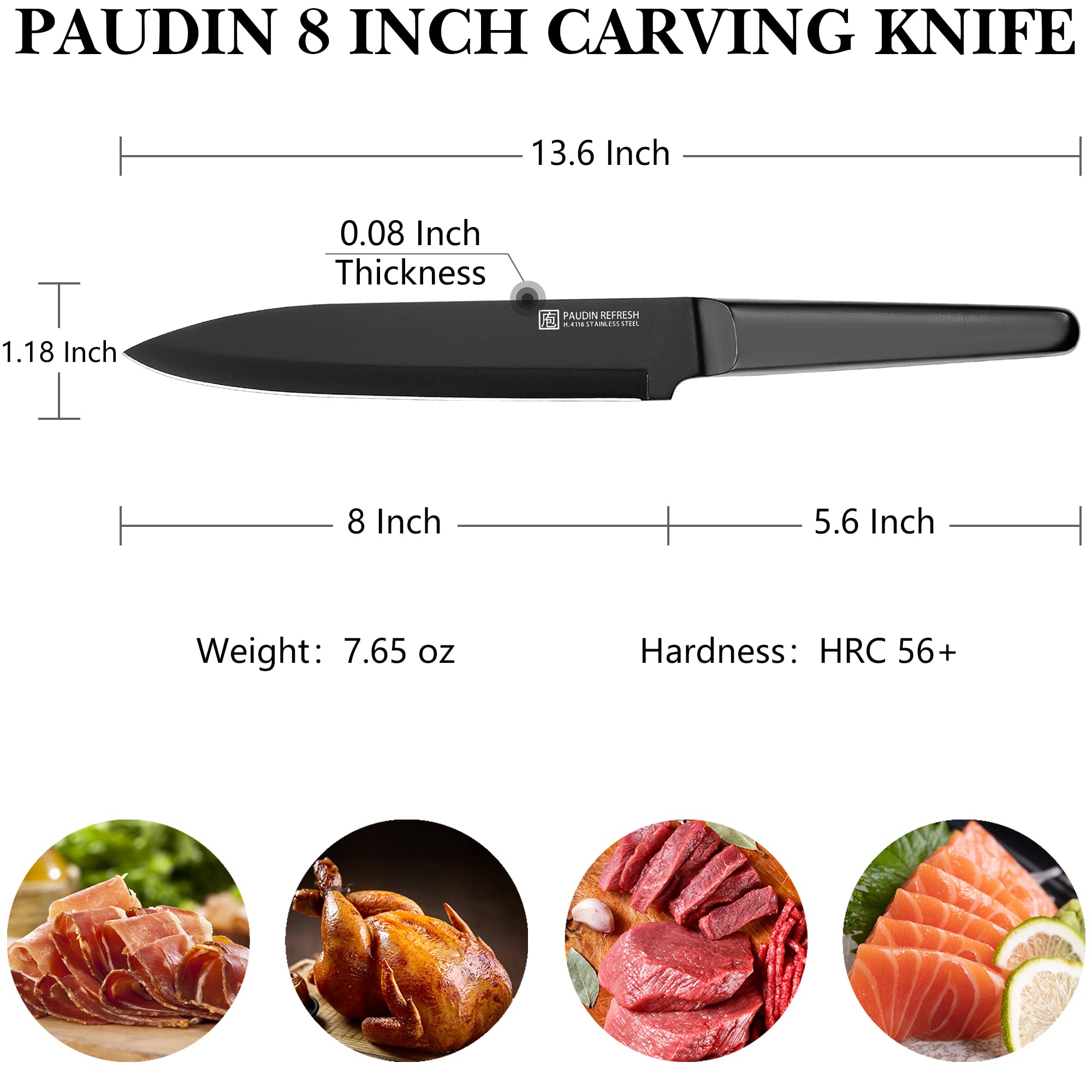 PAUDIN 8 Inch High Carbon Stainless Steel Carving Knife - Professional Kitchen Knife for Meat, BBQ, Turkey & Sushi - Ergonomic Hollow Handle Design - Perfect for Holiday Dinners, Restaurant Use & Home Cooking