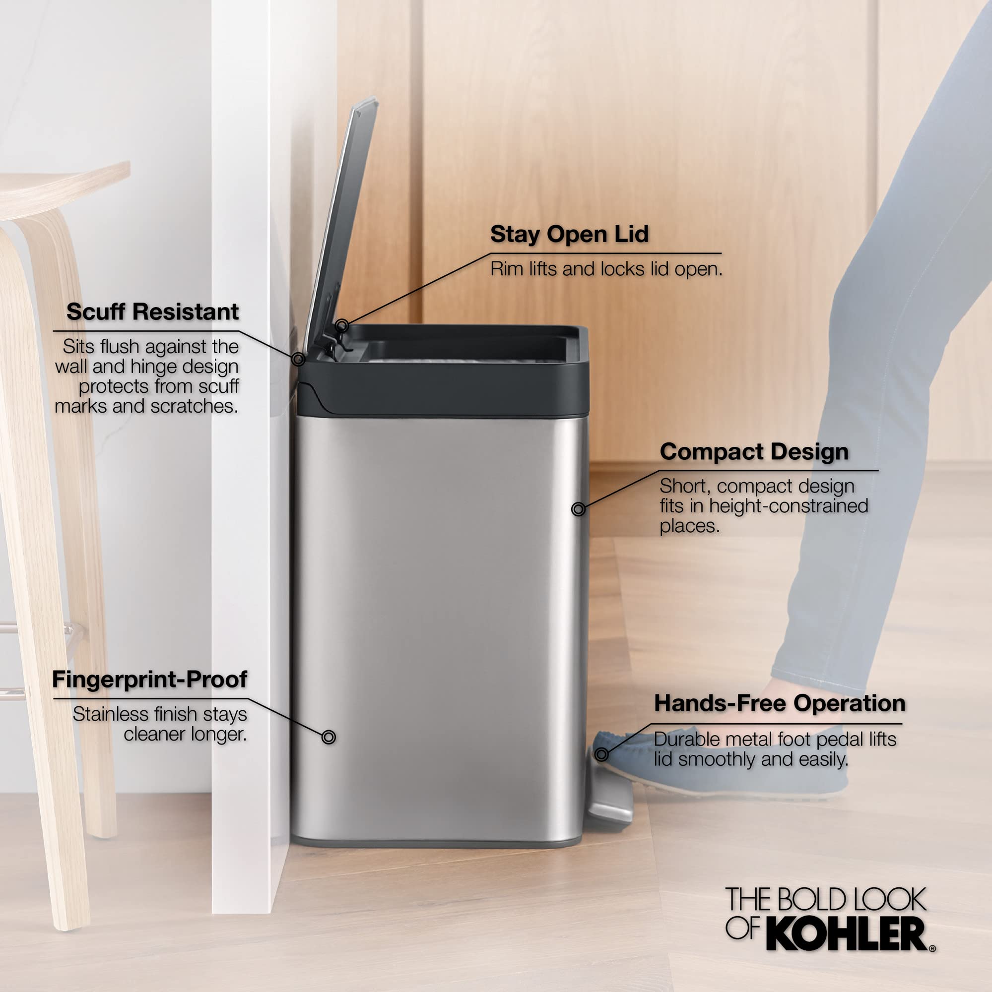 Kohler K-20942-BST 8-Gallon Compact Black Stainless Steel Step Trash Can - Sleek Kitchen & Office Waste Bin for Modern Homes
