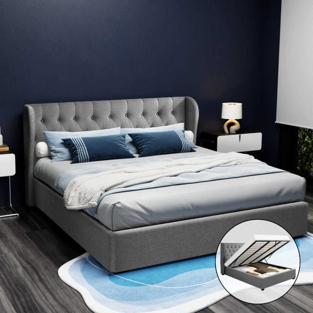 Elouera King Size Bed Frame with Gas Lift Storage - Grey | Modern Platform Bed with Underbed Storage for Small Spaces | Perfect for Bedroom, Guest Room, Apartment