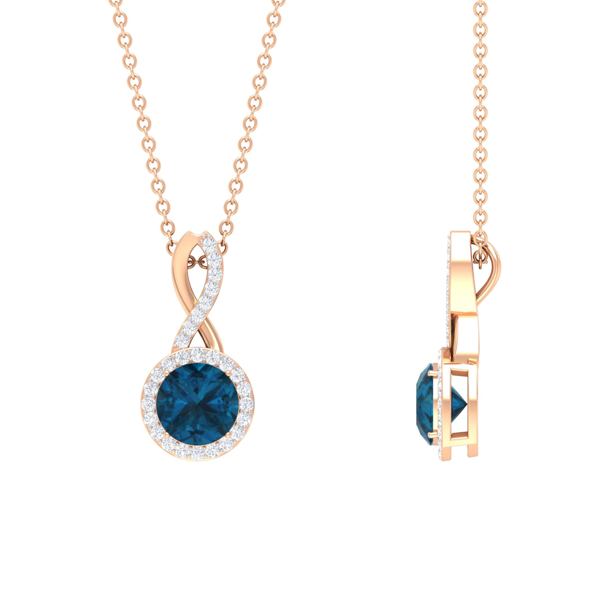 14K Solid Gold London Blue Topaz Pendant with Diamond Halo - Infinity Bridal Jewelry for Women, Anniversary Gift, Wedding Necklace, Elegant Everyday Wear