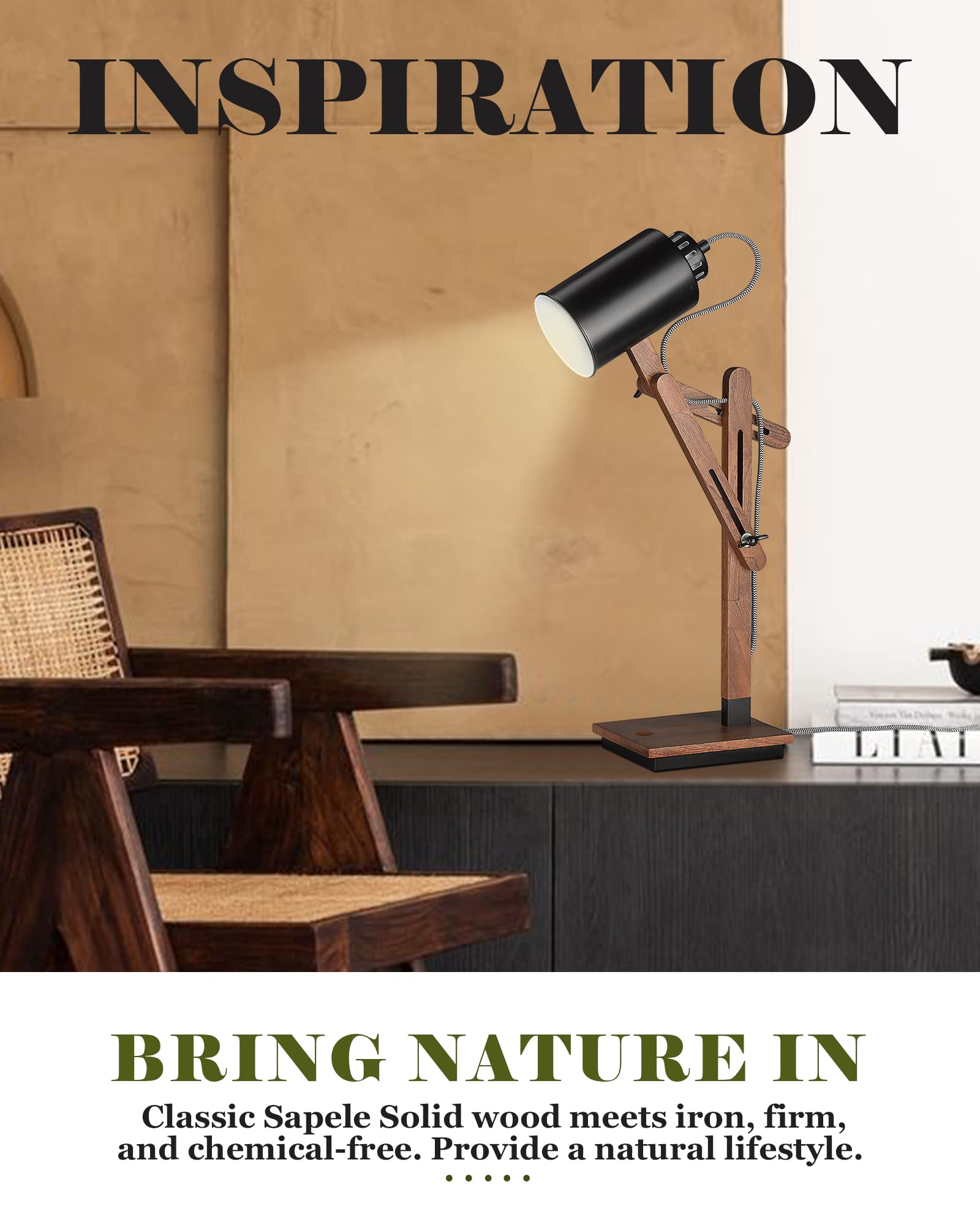 ELYONA Touch Control Desk Lamp with Wireless Charging & USB Port - Adjustable Swing Arm LED Task Light, Sapele Wood Reading Lamp for Bedroom, Study, Office, Dorm - Perfect for Night Reading, Remote Work & Home Decor (Black, Bulb Included)
