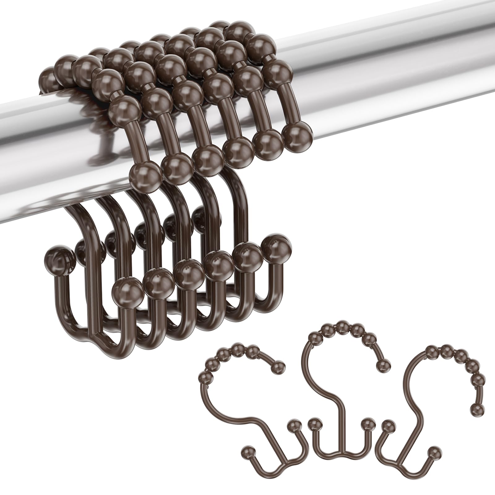 Amazer 12-Pack Brown Plastic Double Shower Curtain Hooks Rings for Bathroom - Durable Shower Rod Accessories for Home, Hotel & Spa Use