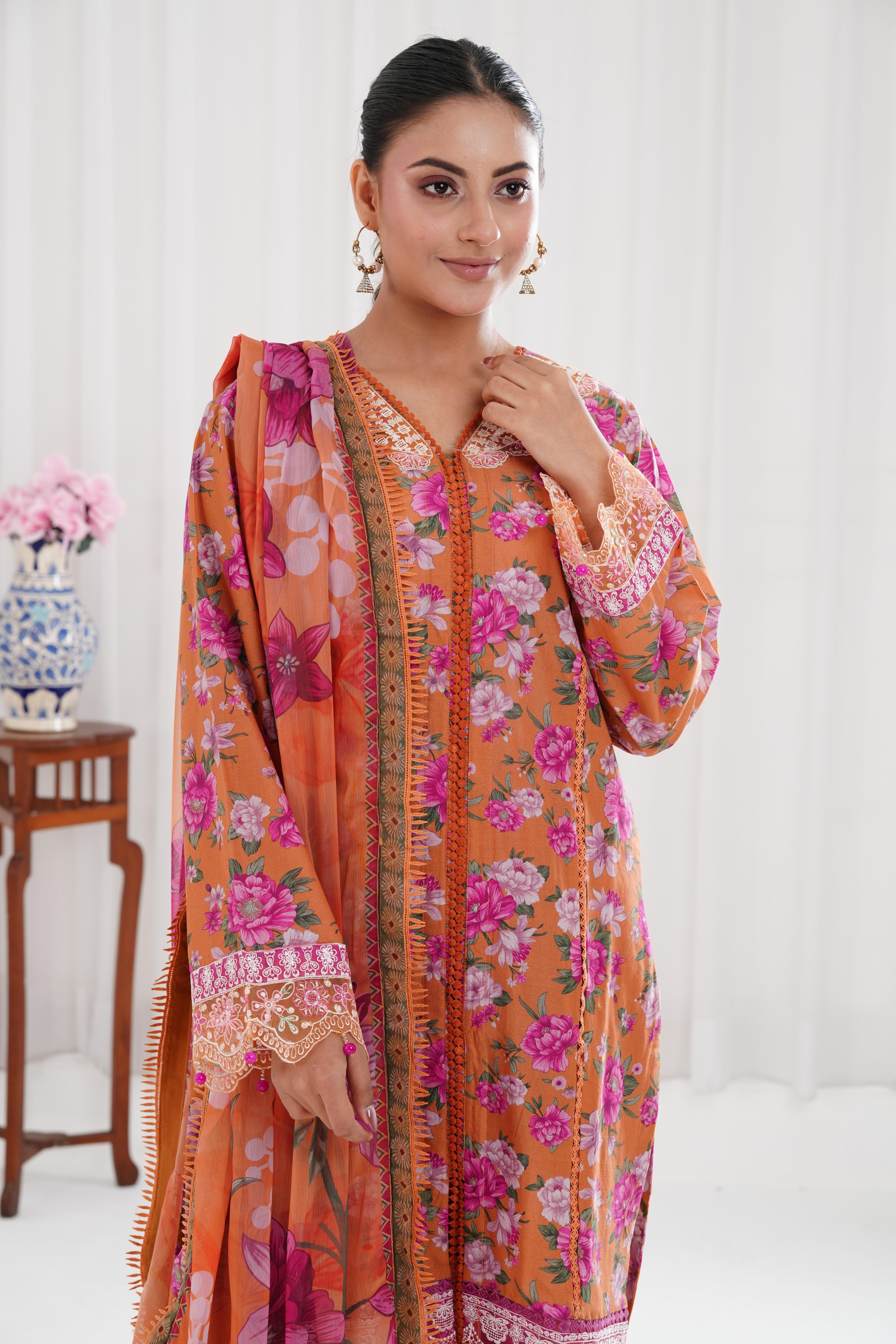 Coral Haze Farasha Printed Essentials Stitched Women's Dress - Perfect for Beach Vacations, Summer Parties & Boho Fashion