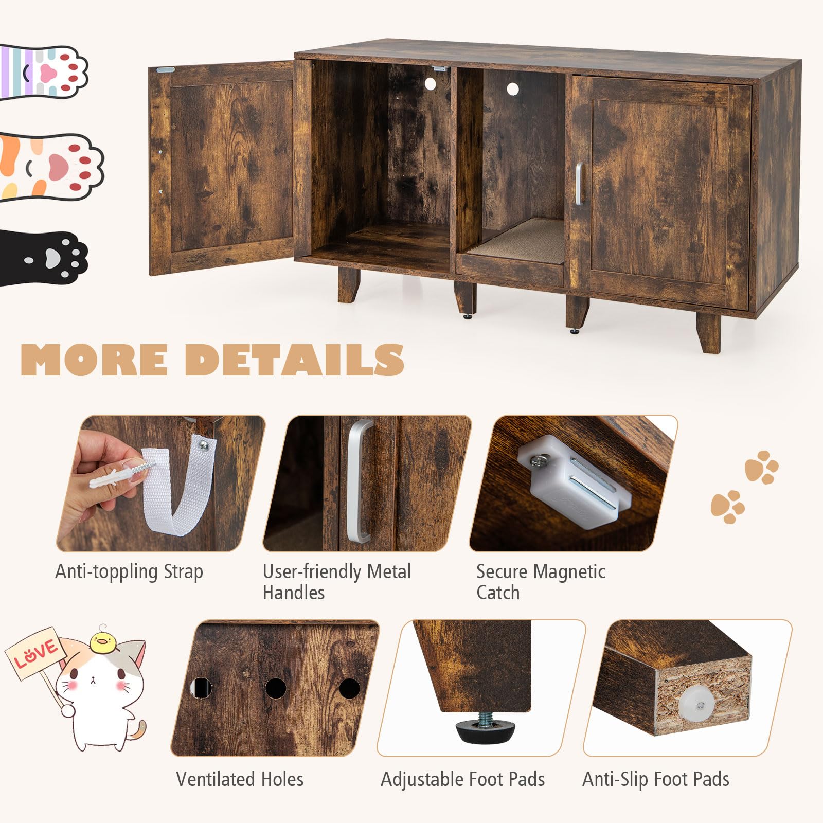 Tangkula Double Cat Litter Box Enclosure for 2 Cats - Large Stackable Hidden Litter Box Cabinet with Scratching Board - Rustic Brown Cat Furniture for Indoor Use | Perfect for Living Room, Bedroom or Home Office Concealment