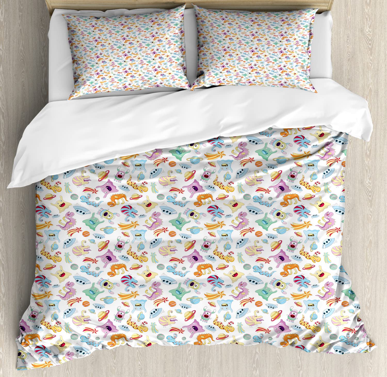 Ambesonne Alien Duvet Cover Set - King Size 2-Pack with 2 Duvet Covers & 4 Pillowcases | Monsters, Aliens, Planets UFOs & Shooting Stars Astronomy Theme | Colorful Space-Themed Bedding for Kids & Adults | Perfect for Sci-Fi Lovers' Bedrooms & Themed Decor