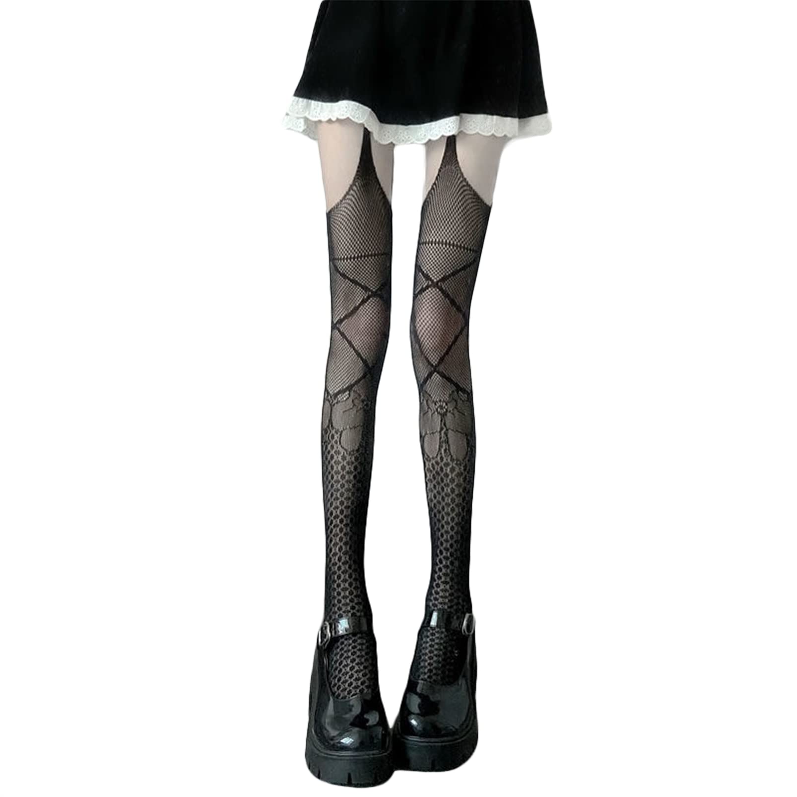 Women's Thigh High Stockings - Lace Ruffle Garter Belt Sheer Mesh Fishnet Tights for Party, Streetwear & Night Out | Sexy Knee High Hosiery for Cosplay, Date Night & Special Occasions
