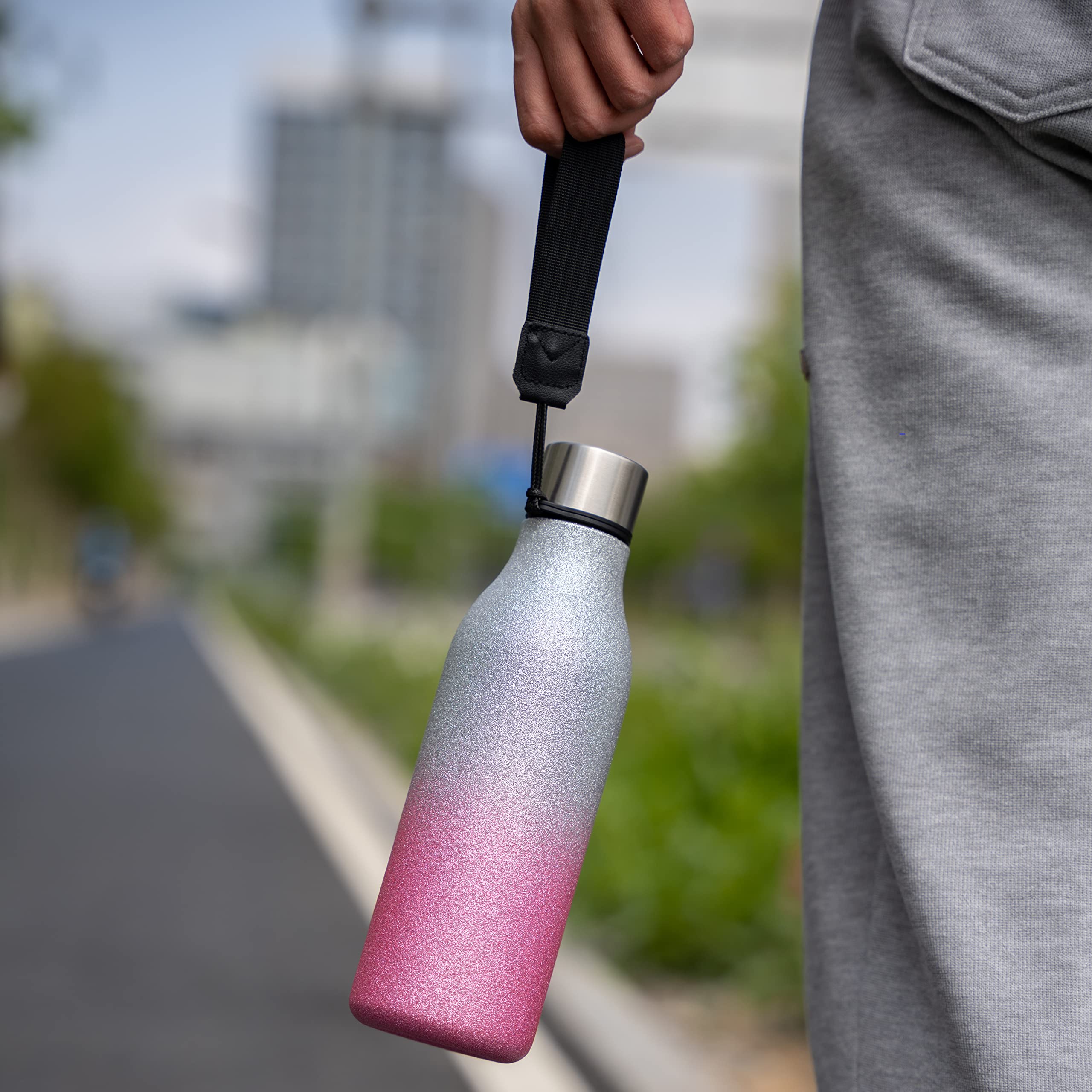 BJPKPK 18 oz Insulated Stainless Steel Water Bottle with Strap - BPA Free, Leak Proof Thermos for Sports, Gym, Hiking & Travel - Reusable Metal Water Bottle in Sparkling Silver Blue - Perfect for Outdoor Activities, Workouts & Daily Hydration