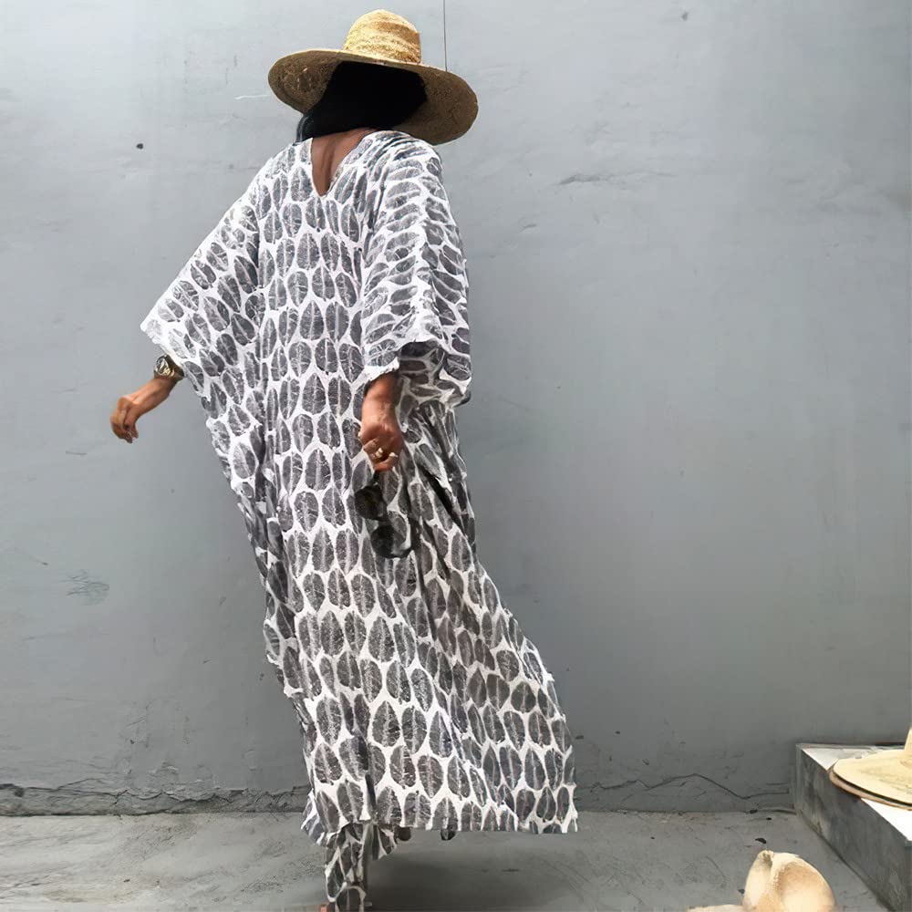 Women's Plus Size Long Tunic Kaftan Maxi Dress with Batwing 3/4 Sleeves - Flowy Summer Beach Dress for Vacation, Boho Chic Outfit