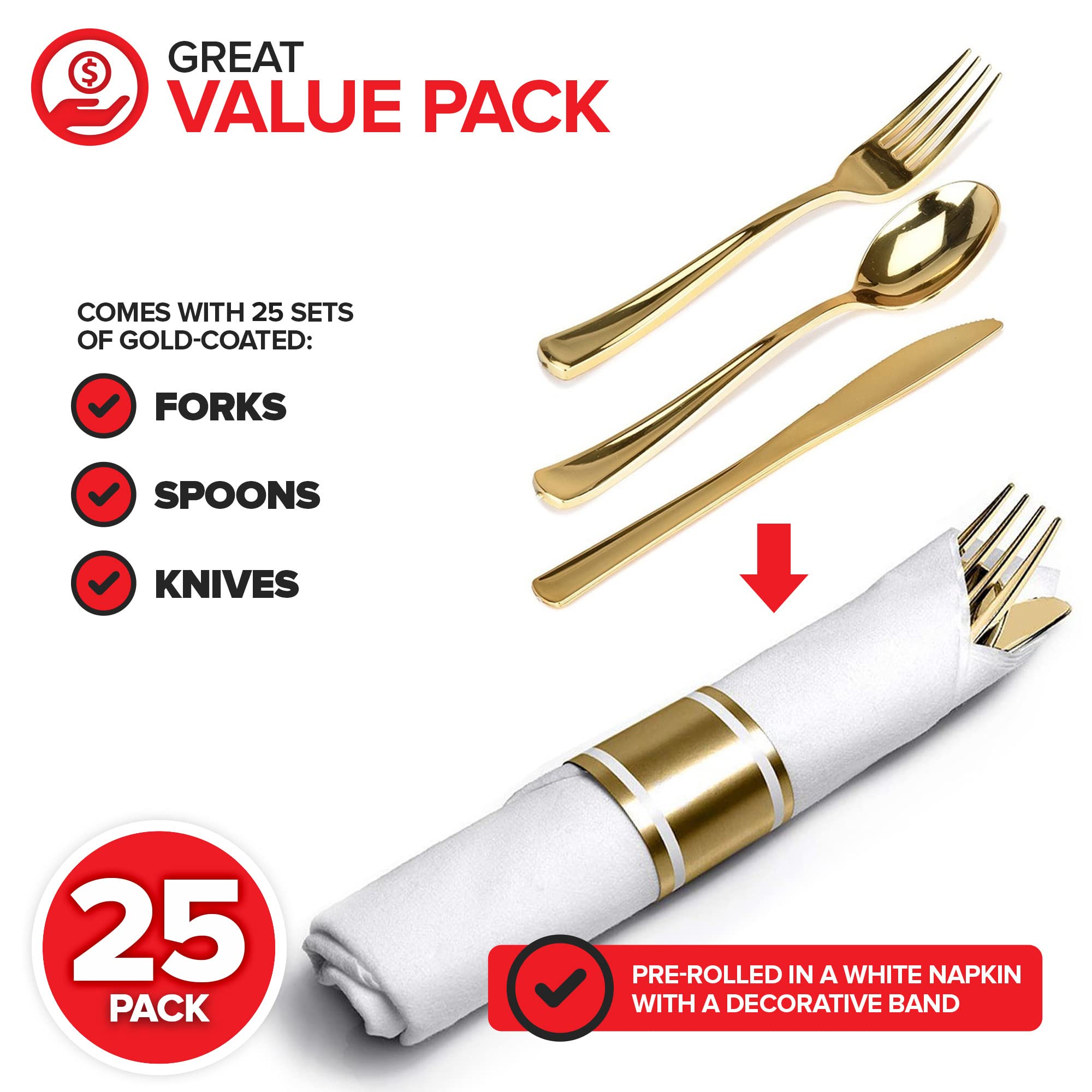 Premium 25-Pack Disposable Plastic Silverware Set - Gold Cutlery with Spoons, Forks, Knives & Napkins | Heavy-Duty Individually Wrapped Utensils for Weddings, Parties, Thanksgiving & Events | Elegant Dining Solution for Catering, Picnics & Family Gatherings