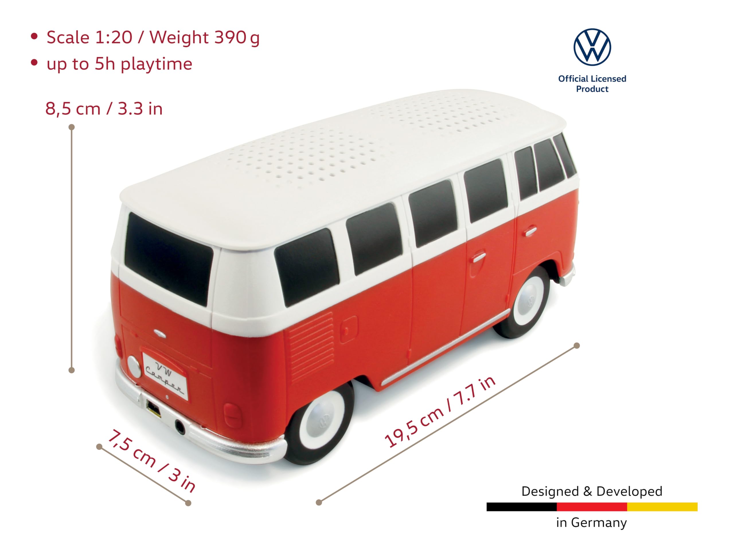 BRISA VW Collection - Volkswagen T1 Bus Bluetooth Speaker Wireless Portable with Rechargeable Battery, Classic Red Campervan (1:20 Scale) - Perfect for Road Trips, Camping & Vintage Car Lovers Gift