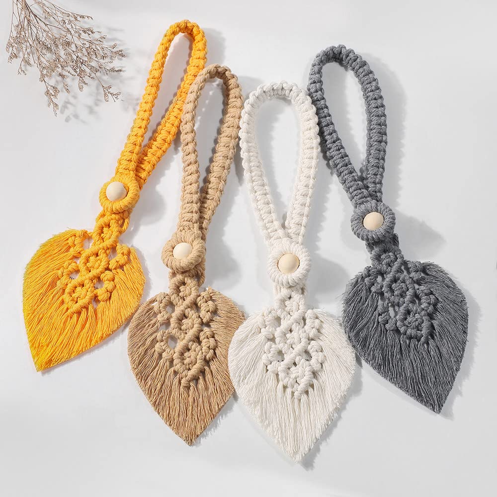 4 Pack Leaf Macrame Curtain Tiebacks - Handmade Braided Window Holdbacks for Living Room, Bedroom, Home Decor - Natural Boho Style Curtain Accessories (Perfect for Sheer Drapes, Blackout Panels & Room Dividers)